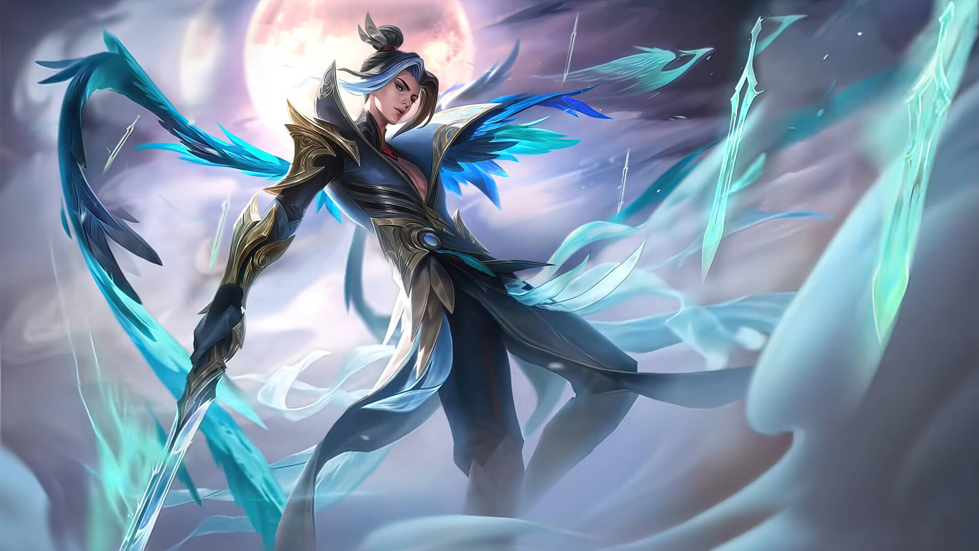 Mobile Legends 桌布 壁紙 — 一位擁有藍色羽毛翅膀和發光刀刃的戰士，在滿月背景下蓄勢待發。