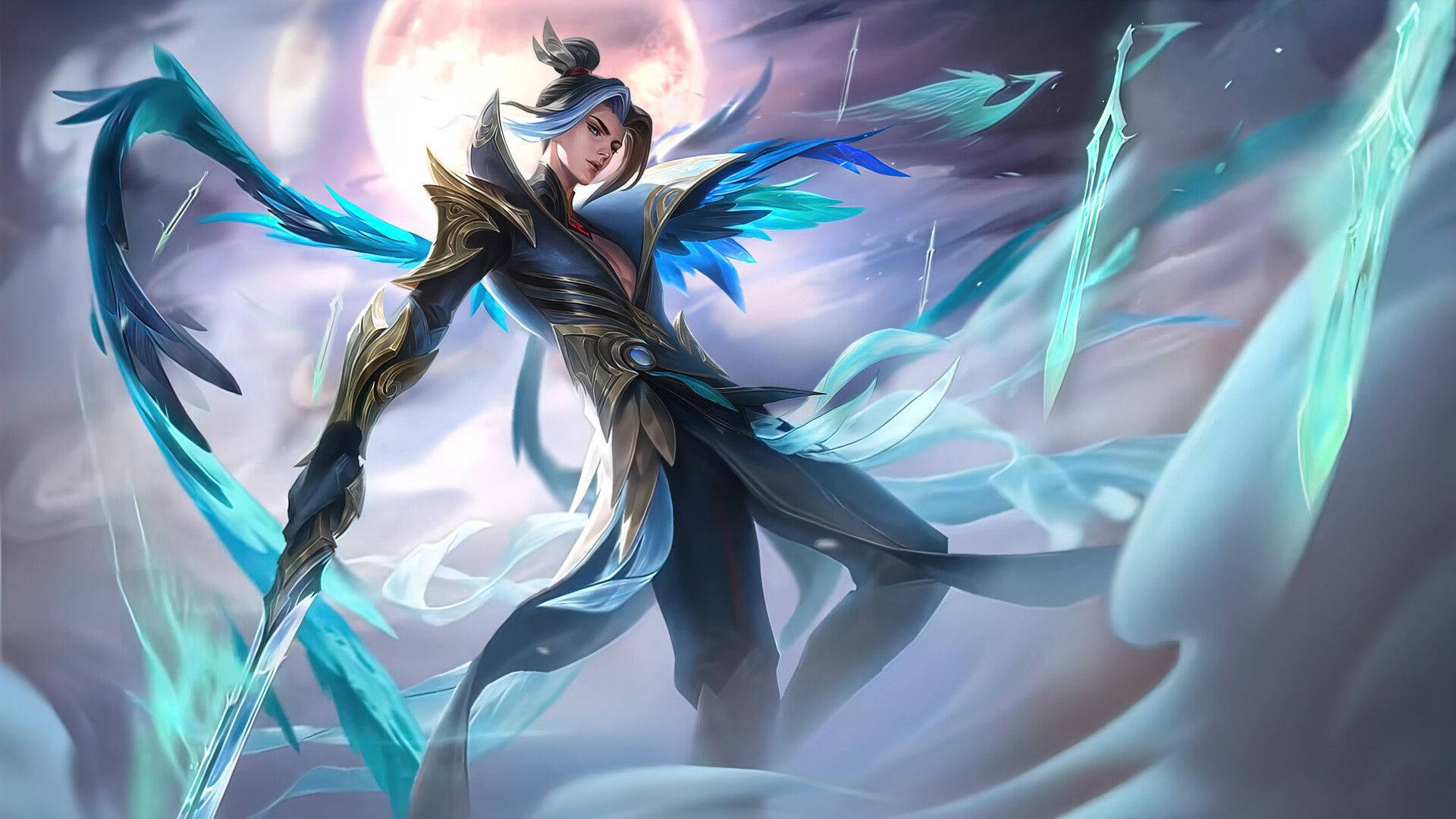 Mobile Legends 桌布 壁紙 — 一位擁有藍色羽毛翅膀和發光刀刃的戰士，在滿月背景下蓄勢待發。