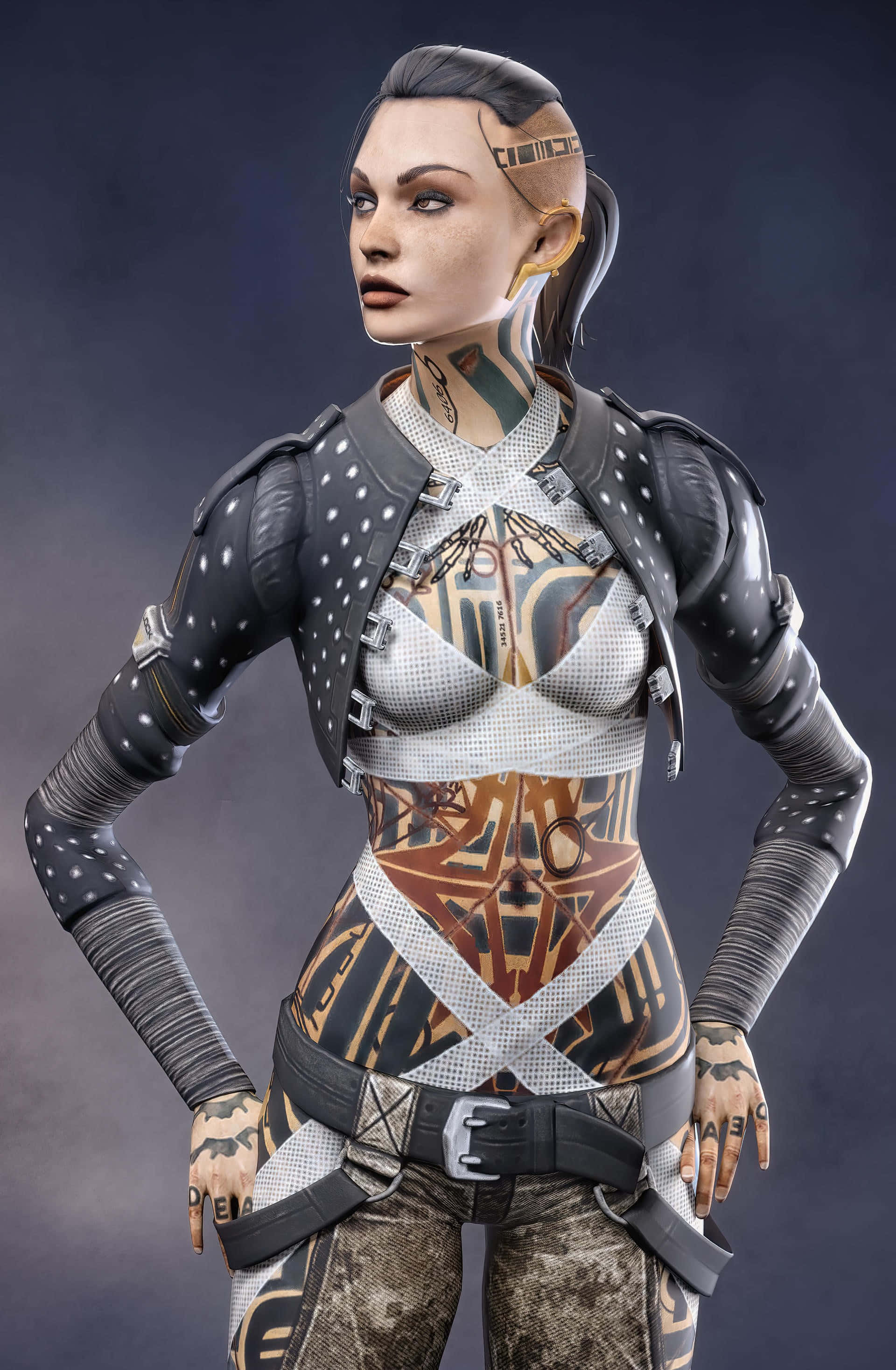 Mass Effect Jack 桌布 壁紙 — 一位擁有複雜紋身和裝甲裝備的賽博龐克女性，自信地站在煙霧瀰漫的黑暗背景前。