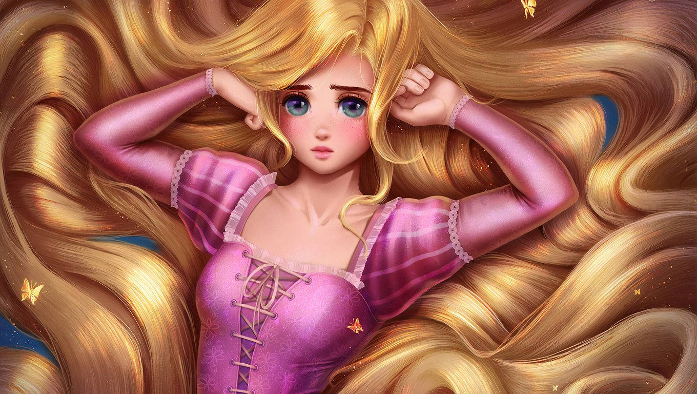 Rapunzel 桌布 壁紙 — 一位擁有豐盈金色長髮和藍色眼睛的公主，身穿粉紅色連衣裙，被飄浮的蝴蝶圍繞。