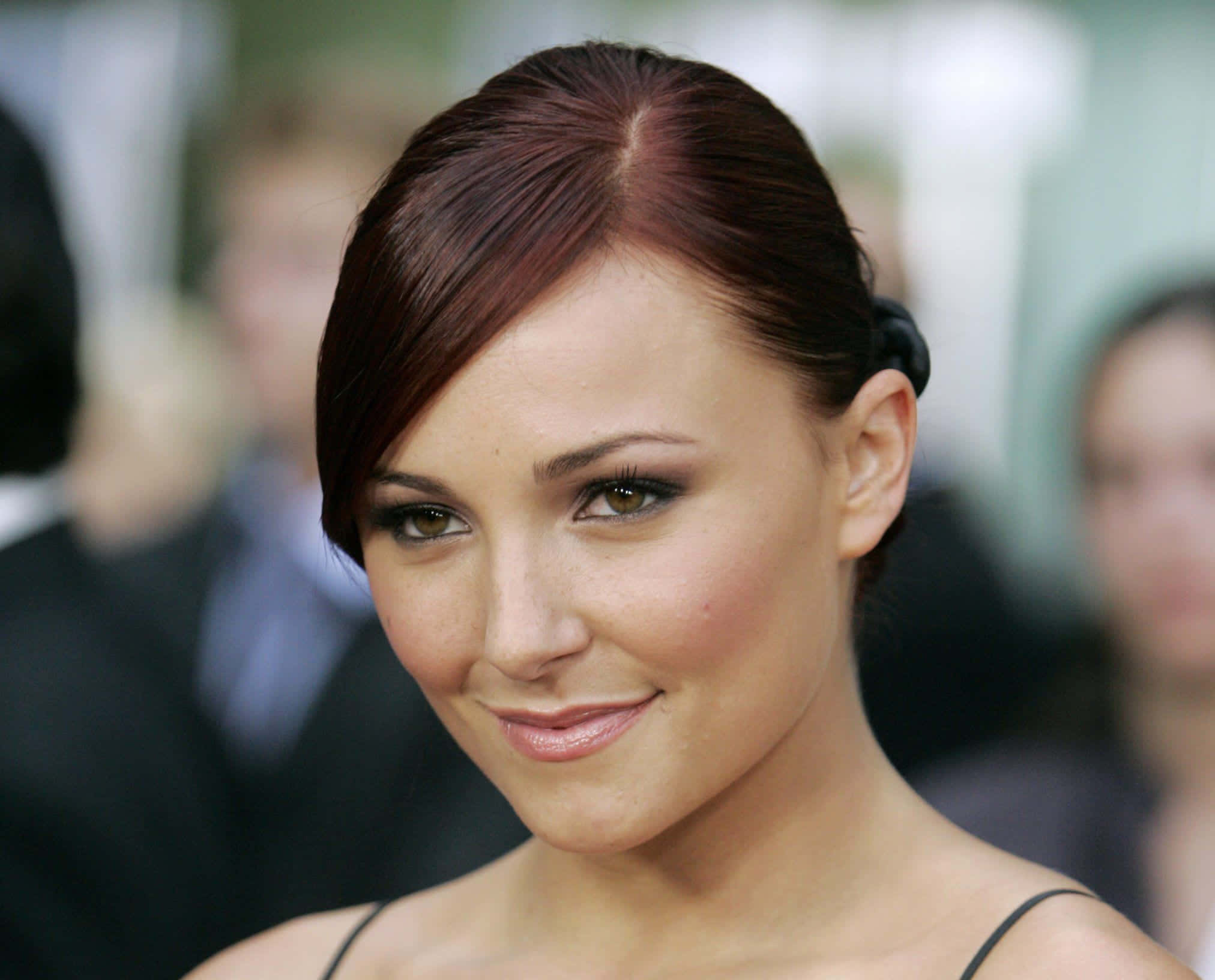 Briana Evigan 桌布 壁紙 — 一位擁有赤褐色頭髮、整齊盤起髮髻的女性，對著鏡頭溫柔微笑的特寫肖像。