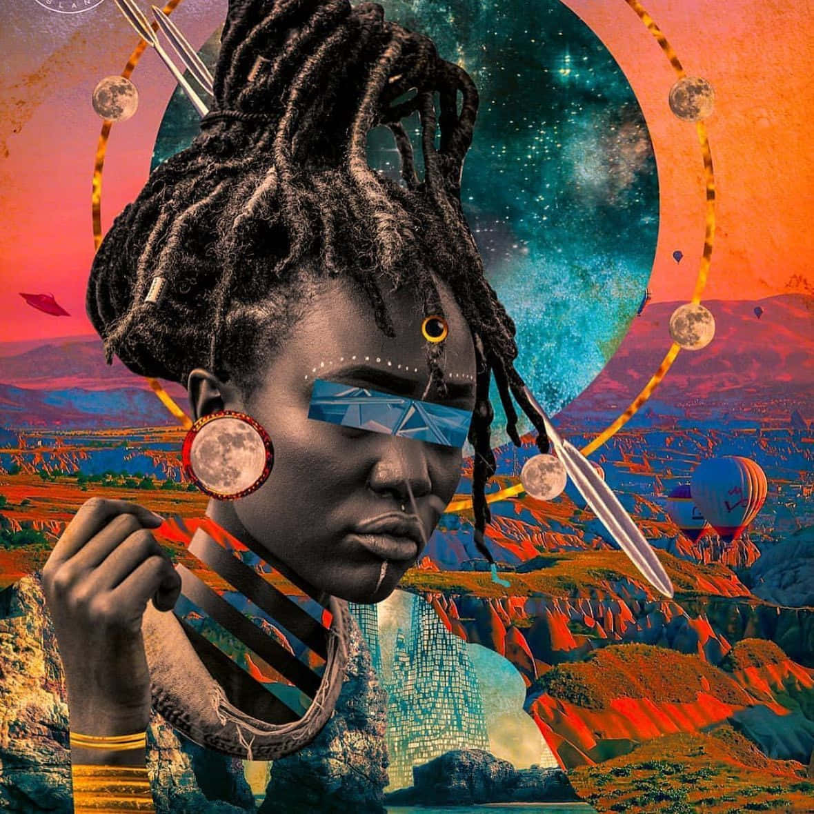 Afrofuturism 桌布 壁紙 — 一位擁有辮子頭和幾何眼罩的女性站在超現實的風景中，背景有漂浮的月亮和熱氣球，在宇宙天空下。