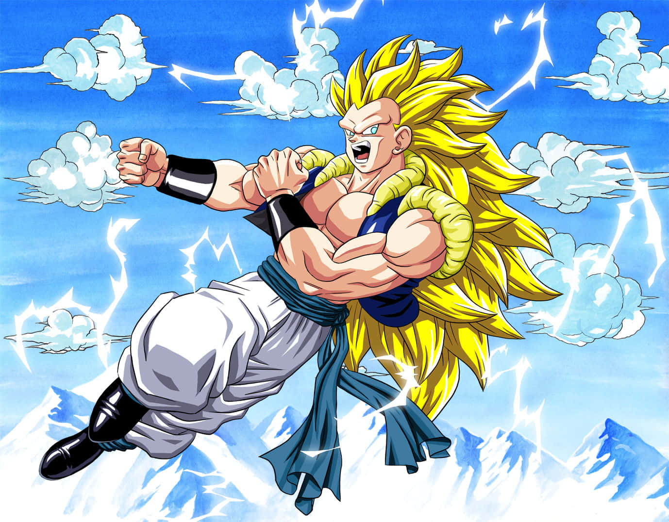 Ssj3 桌布 壁紙 — 一位擁有金色尖刺頭髮的強大動漫戰士，在風暴天空下飛越雪山，握緊拳頭，閃電在他周圍噼啪作響。