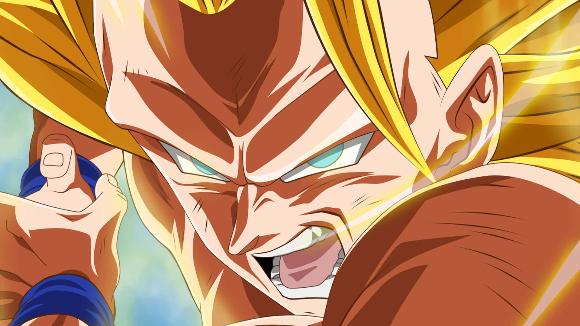 Dragon Ball Z Characters 桌布 壁紙 — 一位擁有金色頭髮和發光氣場的兇猛動漫戰士，握緊拳頭在戰鬥中咆哮。