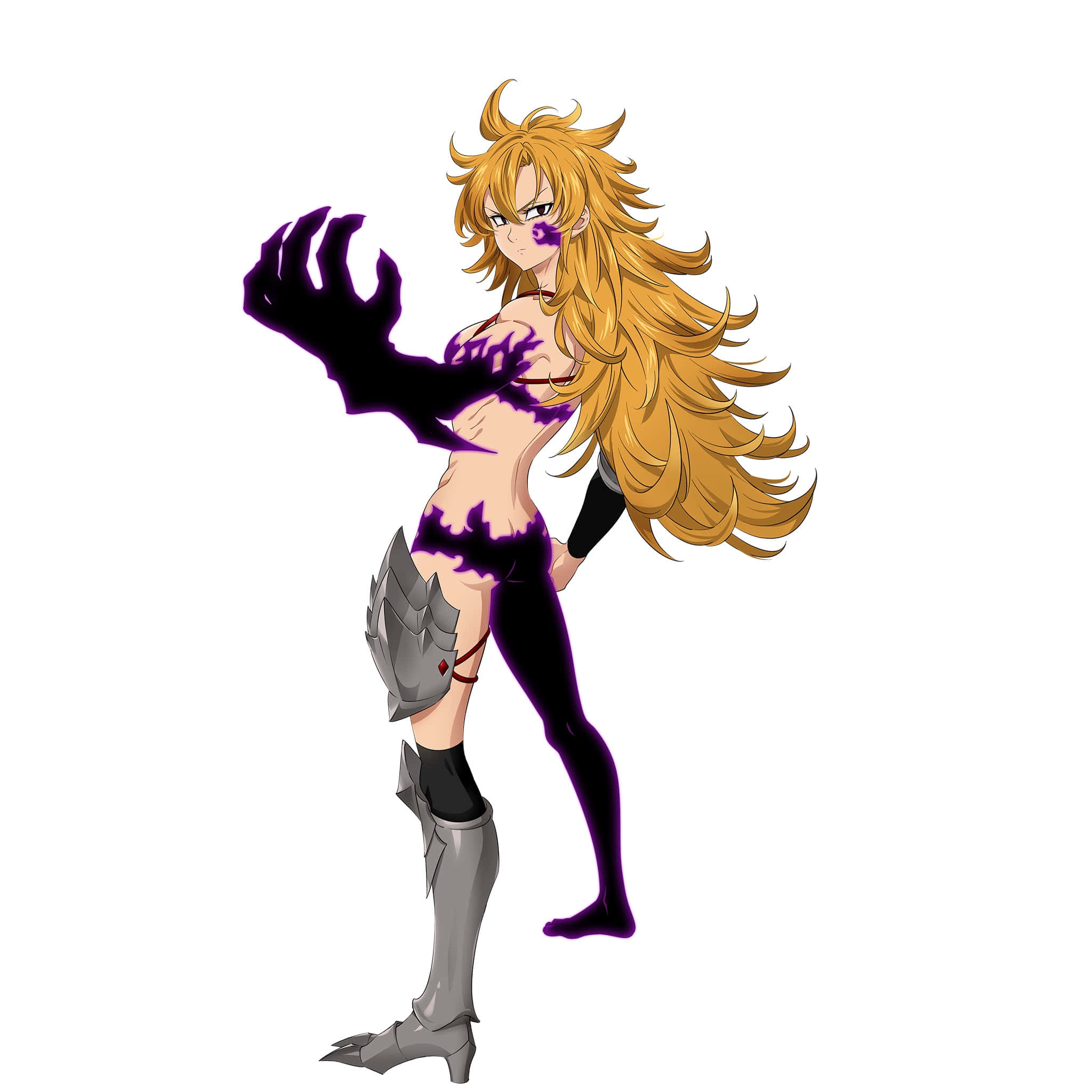 Seven Deadly Sins Derieri 桌布 壁紙 — 一位擁有金色頭髮和紫色能量爪的兇猛動漫戰士，在純白色背景前擺出動態戰鬥姿勢。