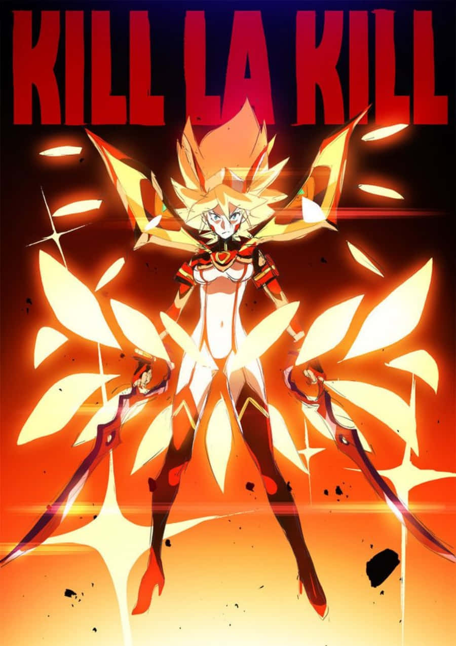 Kill La Kill Senketsu 桌布 壁紙 — 一位擁有金髮和發光刀刃的火熱動漫戰士，在深紅色背景上以粗體標題文字動態站立。