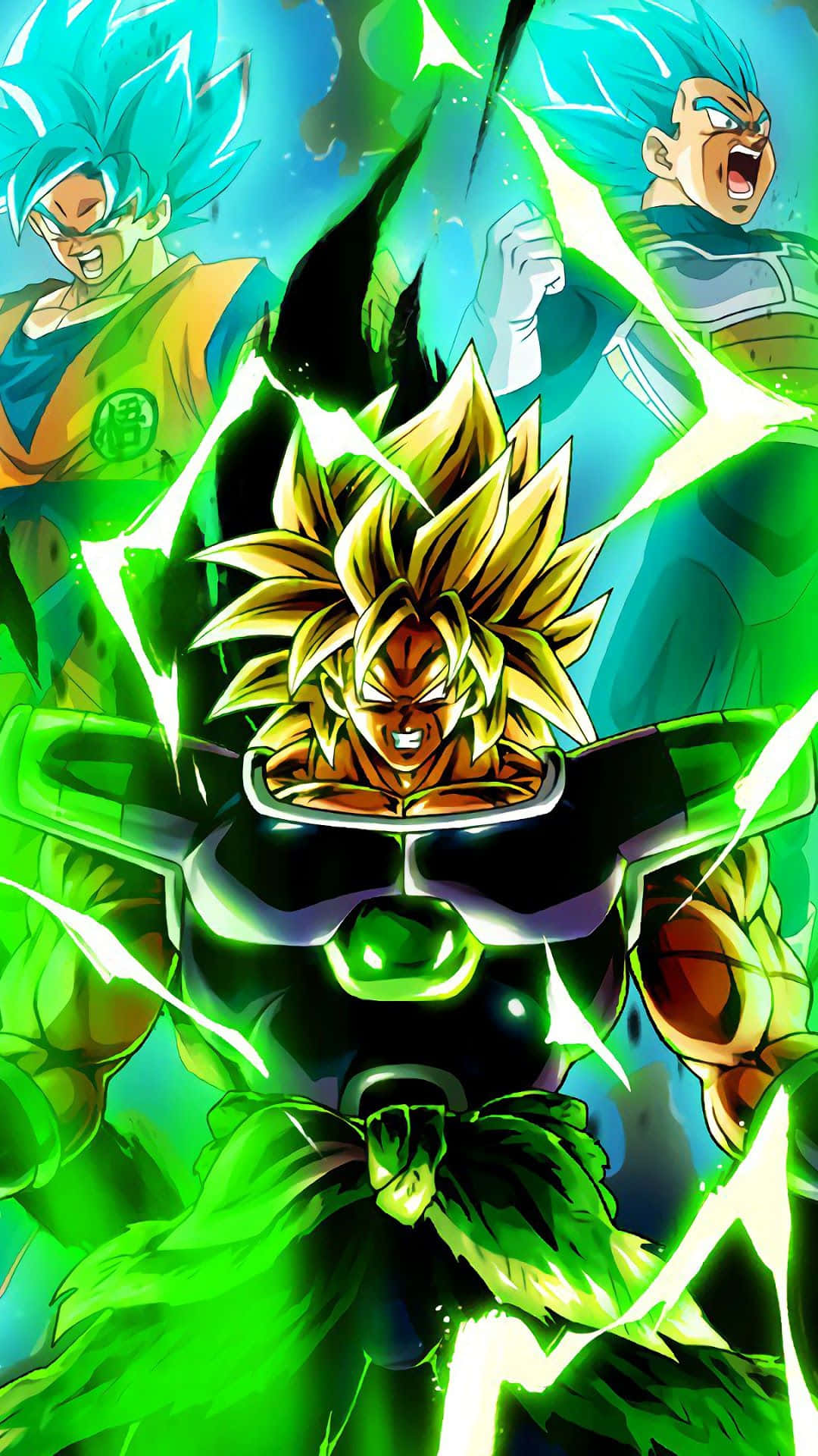 Vegeta Art 桌布 壁紙 — 一位擁有金髮和綠色氣場的強大動漫戰士，在動態發光的場景中與兩名對手激烈戰鬥。
