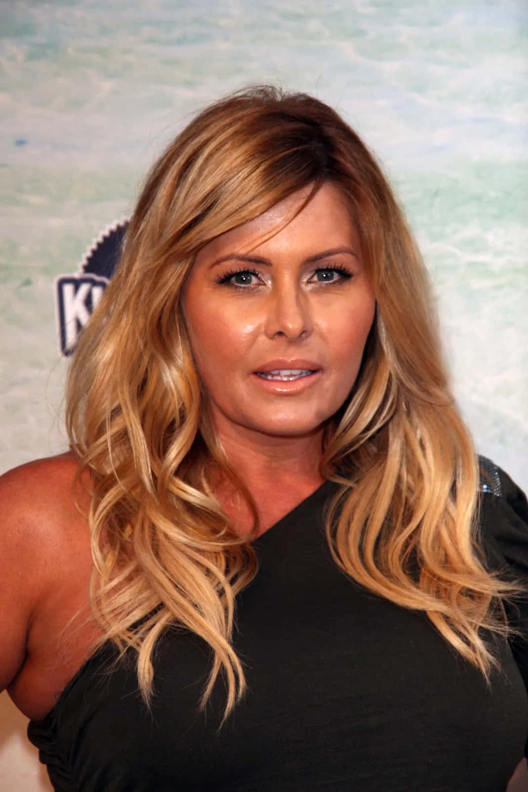 Nicole Eggert 桌布 壁紙 — 一位擁有長波浪金髮和藍眼睛的女性，在模糊的背景前穿著黑色單肩上衣。