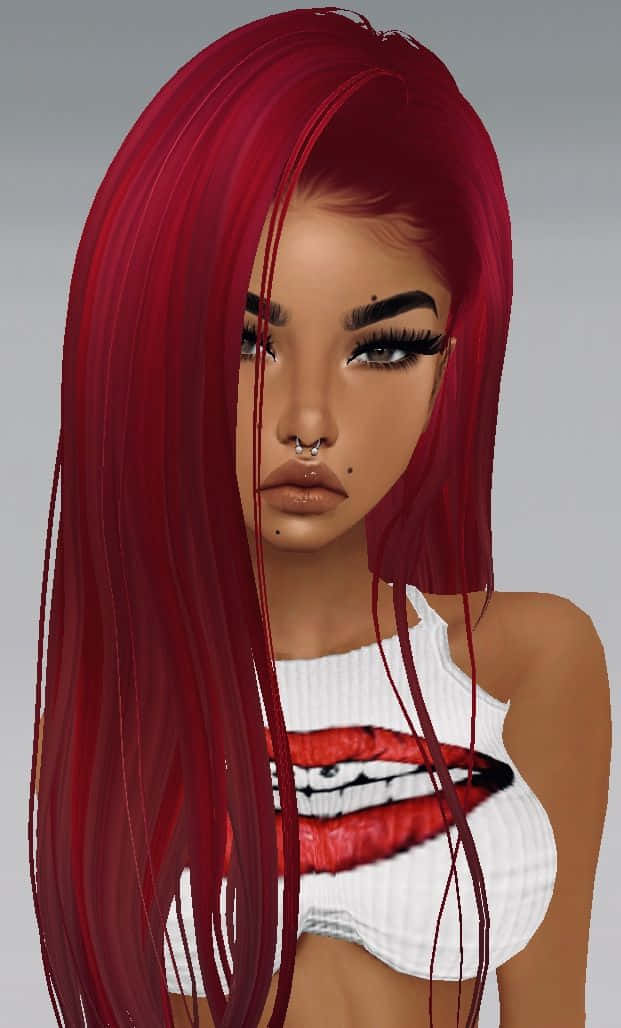 imvu 桌布 壁紙 — 一位擁有長長鮮紅頭髮和誇張妝容的女性數碼肖像，身穿帶有紅色嘴唇圖案的白色上衣。