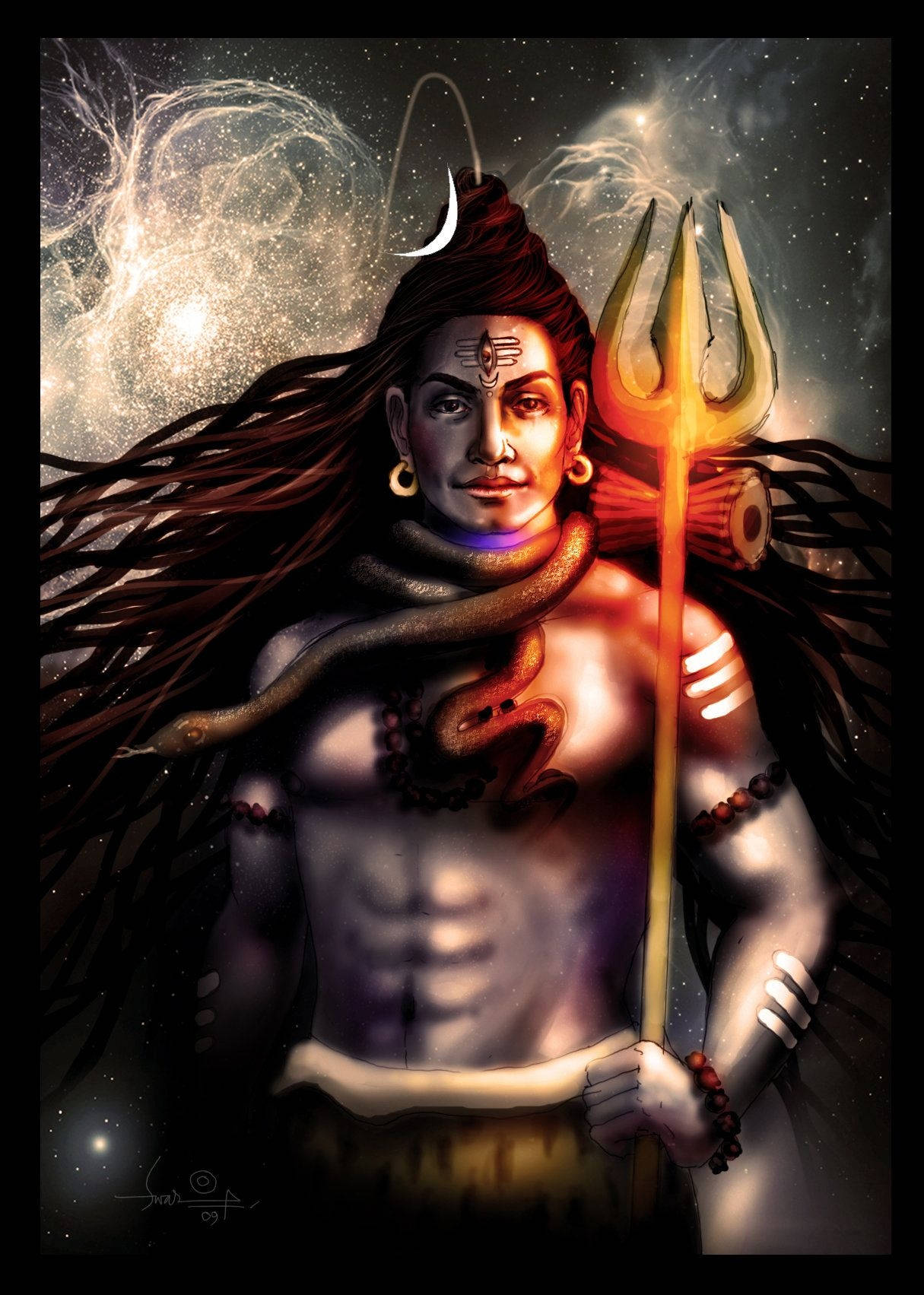 Lord Shiva 桌布 壁紙 — 一位擁有長長黑髮和發光三叉戟的神聖人物，站在充滿旋轉星雲的宇宙星空背景前。