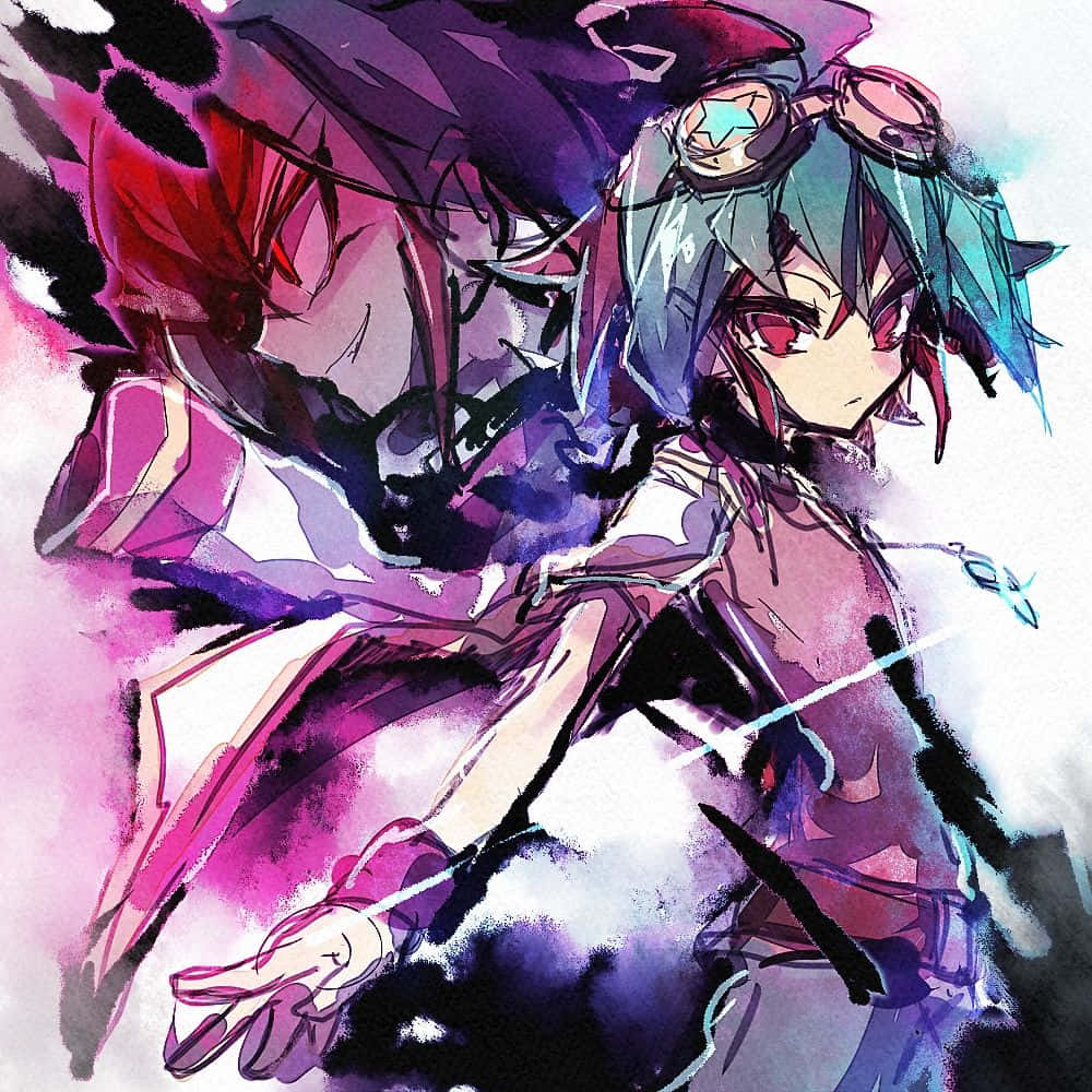Yuya Sakaki 桌布 壁紙 — 一位擁有青綠色頭髮和護目鏡的動漫女孩，在旋轉的紫色和粉紅色能量中揮舞著發光的劍。