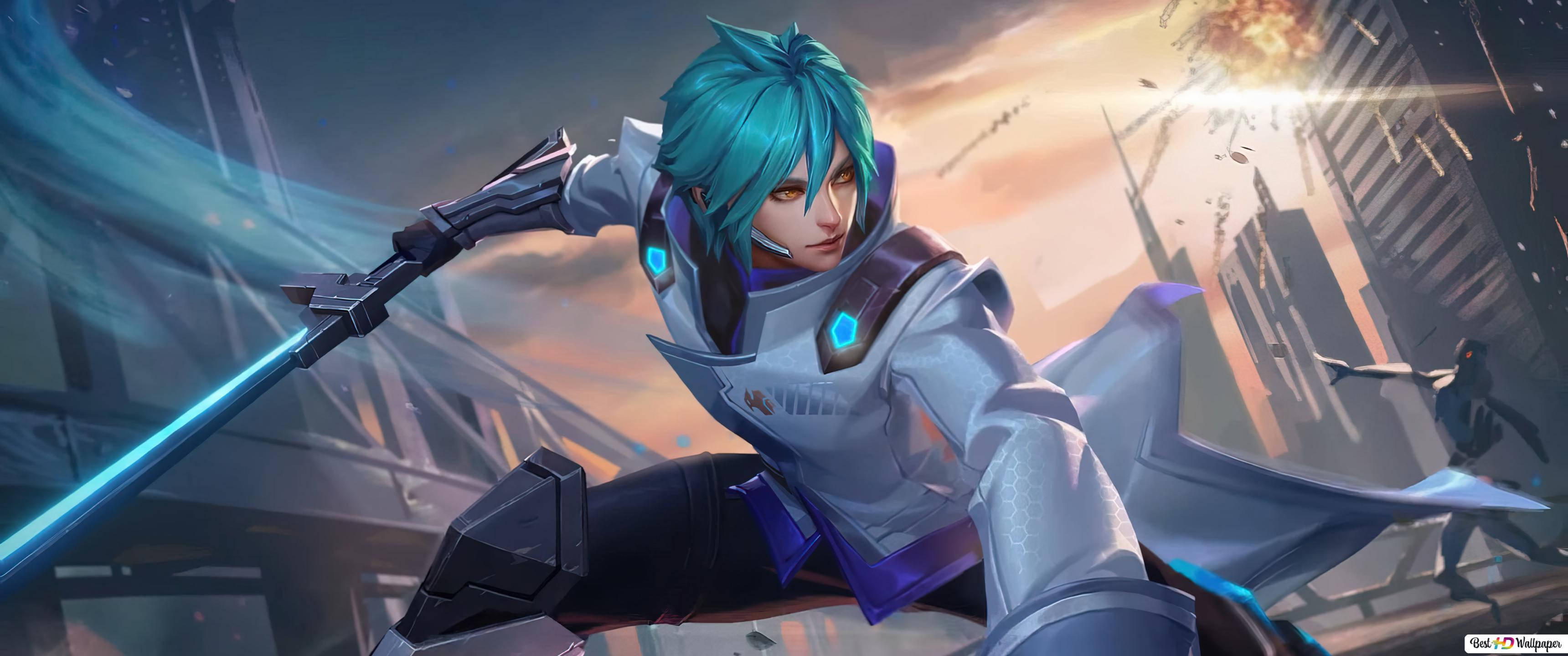 Mobile Legends 桌布 壁紙 — 一位擁有青綠色頭髮的動漫戰士，身穿未來裝甲，在夕陽下用發光的劍劈向崩塌的城市景觀。