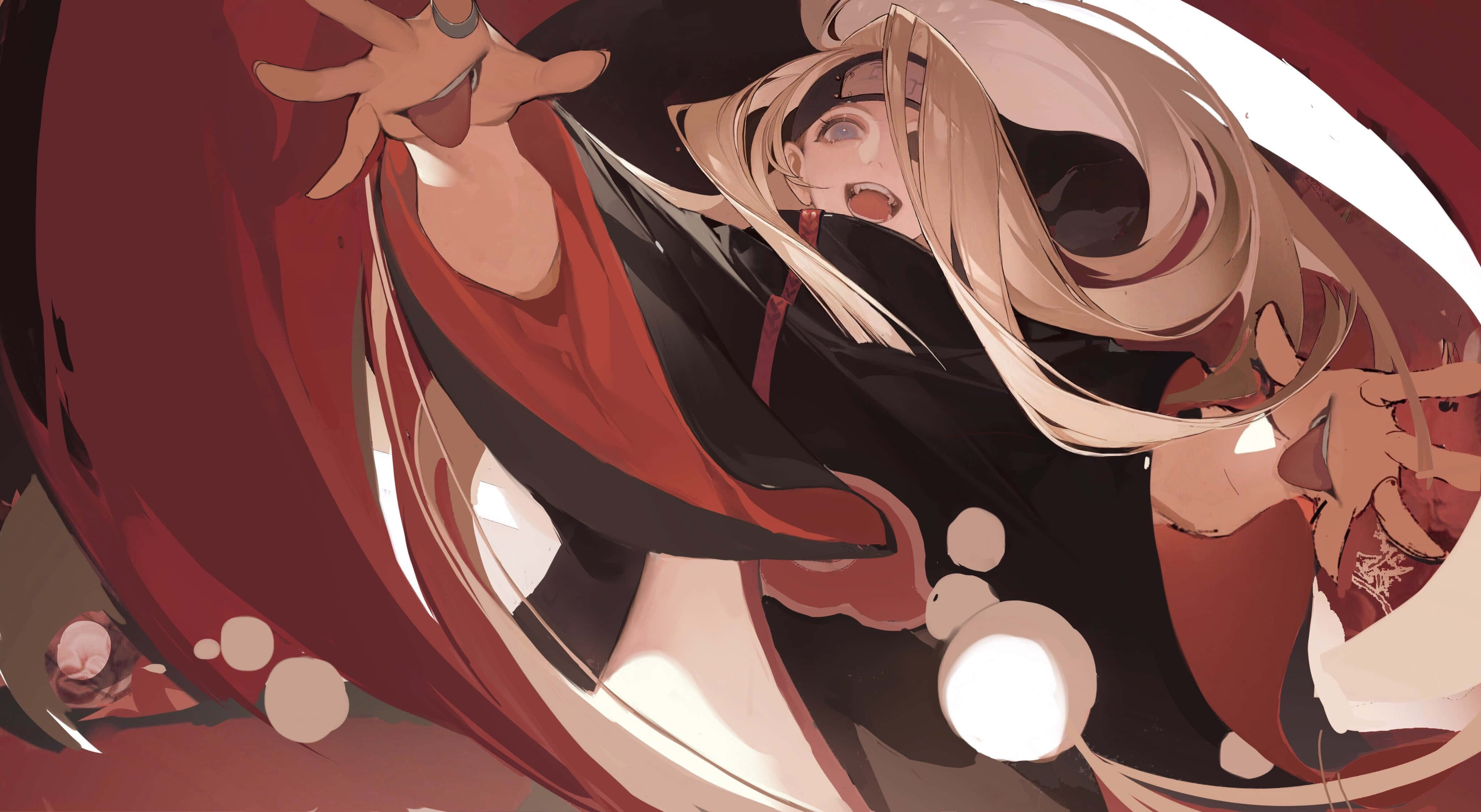Akatsuki X Deidara 桌布 壁紙 — 一位擁有飄逸金髮和紅色斗篷的動漫女孩，在旋轉的紅白背景下以動態動作向前衝刺。