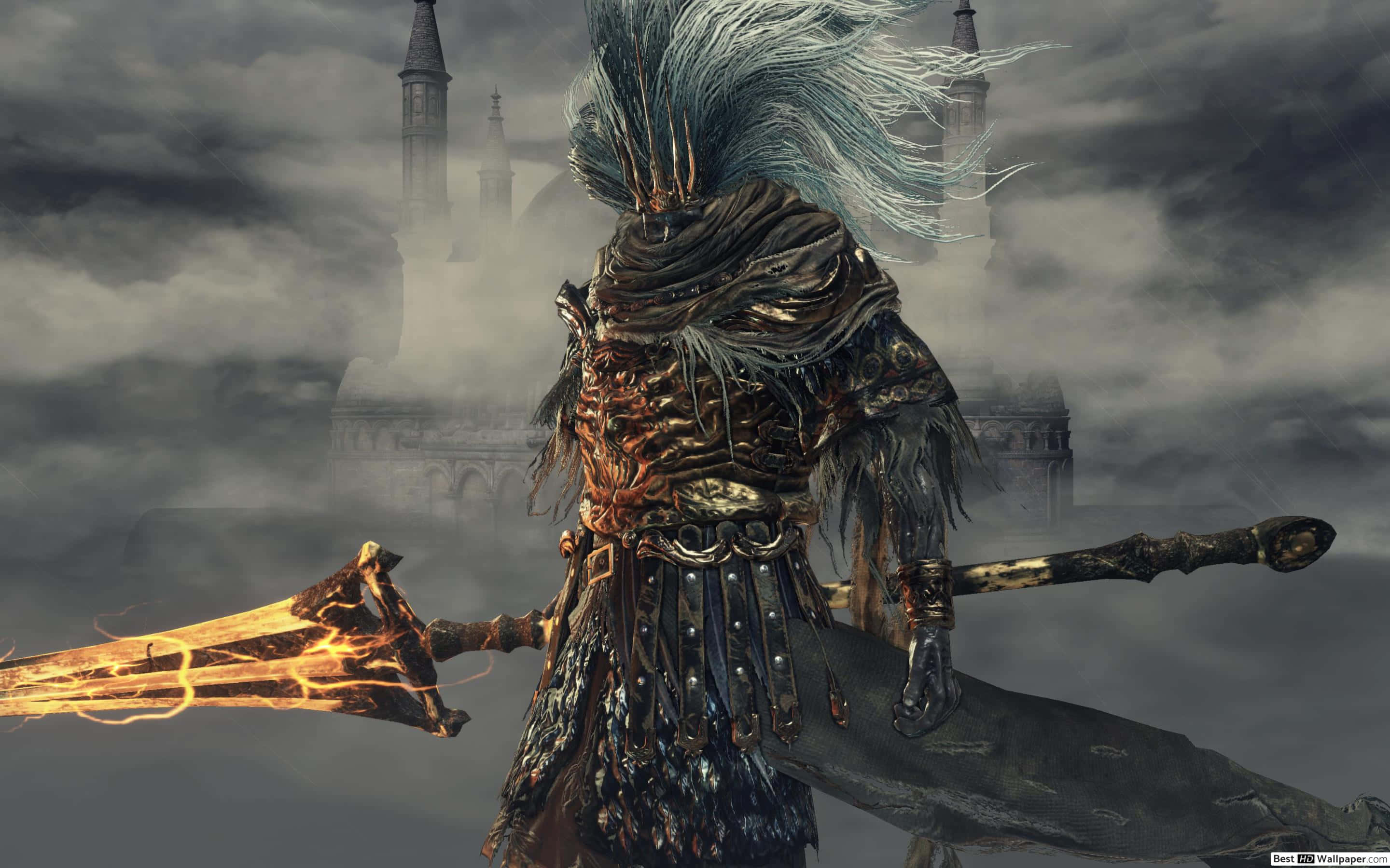 Nameless King 桌布 壁紙 — 一位擁有飄逸銀色長髮和華麗盔甲的戰士，背對暴風雲，在遠處城堡前手持發光劍。