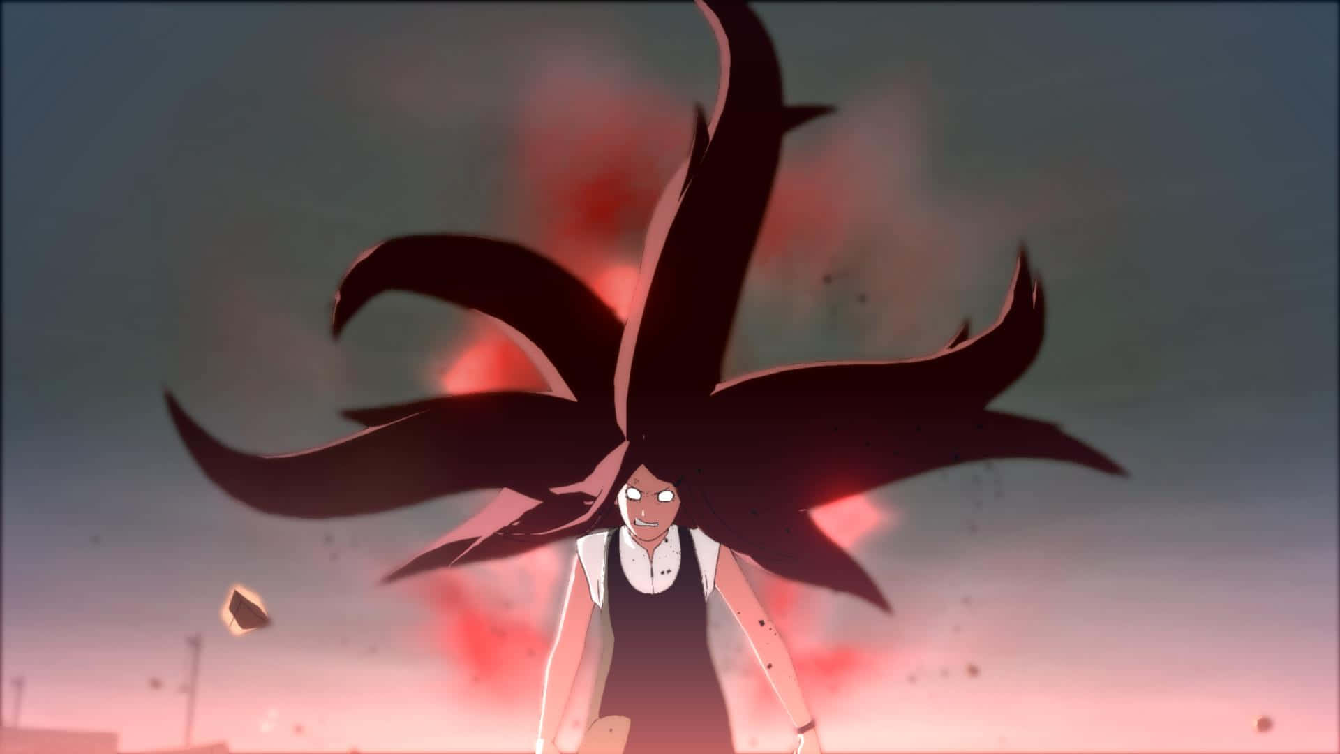 Kushina Uzumaki 桌布 壁紙 — 一位擁有飄逸黑髮和發光眼睛的動漫女孩，挑釁地站在火紅和灰色的天空前。