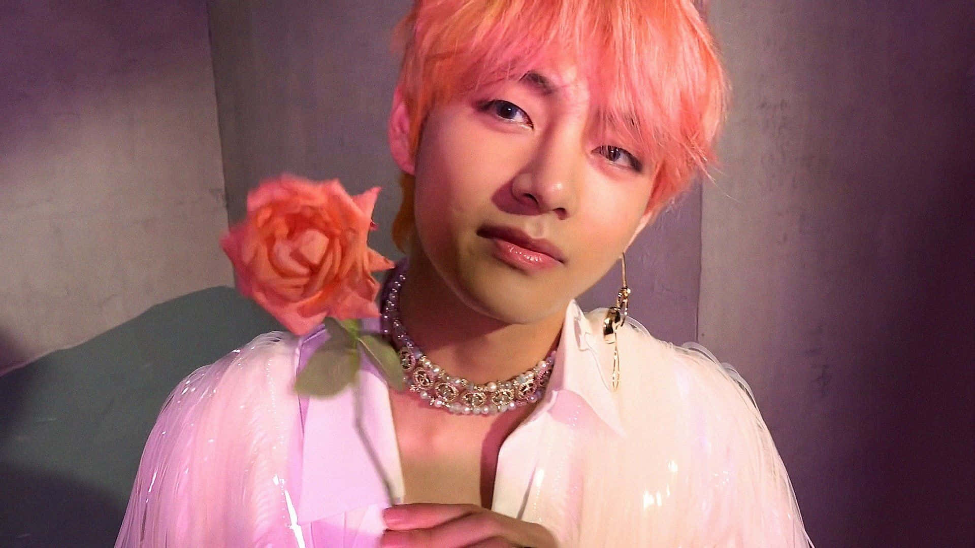 Taehyung Cute 桌布 壁紙 — 一位擁有鮮豔粉紅色頭髮的人，手持蜜桃色玫瑰，靠著柔和的灰色牆壁，身穿透視粉色服裝和鑲寶石的頸鏈。