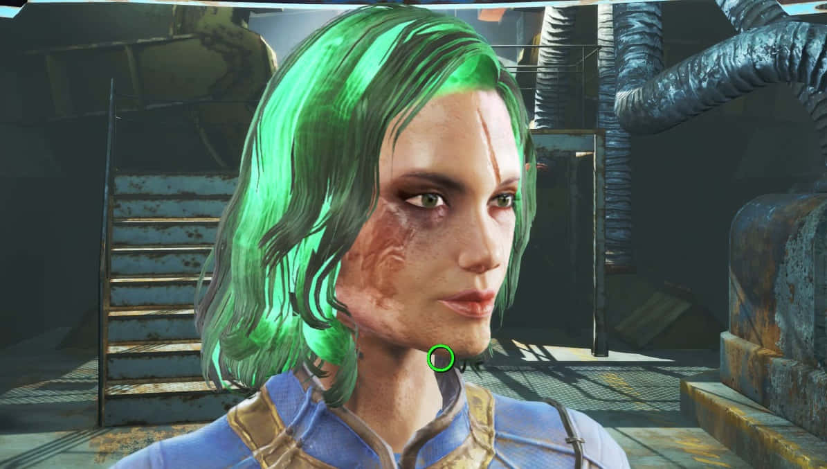Fallout Characters 桌布 壁紙 — 一位擁有鮮豔綠髮和賽博格面部植入物的賽博龐克女性，站在一個骯髒的工業環境中。