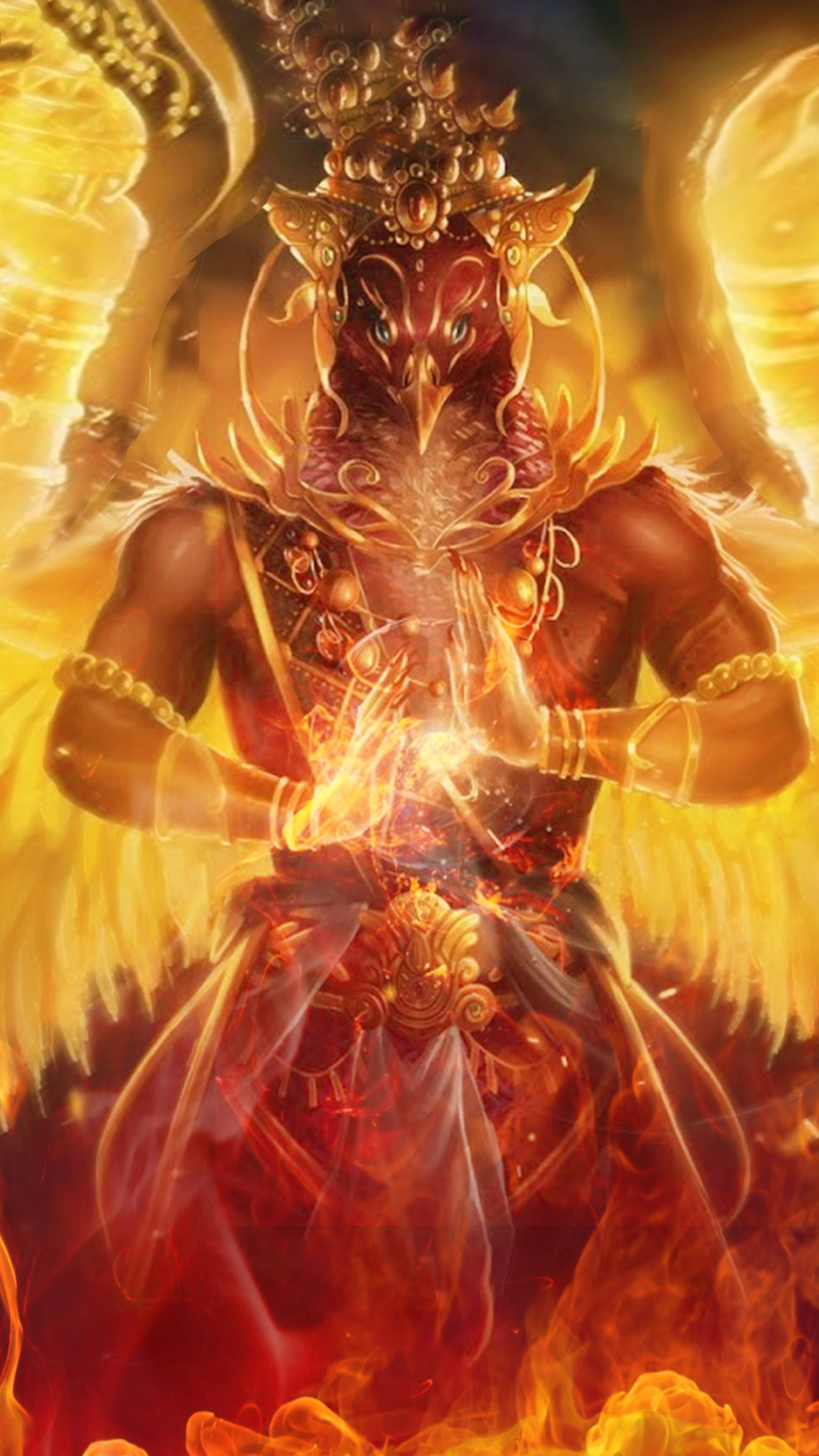Garuda 桌布 壁紙 — 一位擁有鳥頭和金翼的雄偉火焰神祇，在熾熱光環中引導輻射能量。