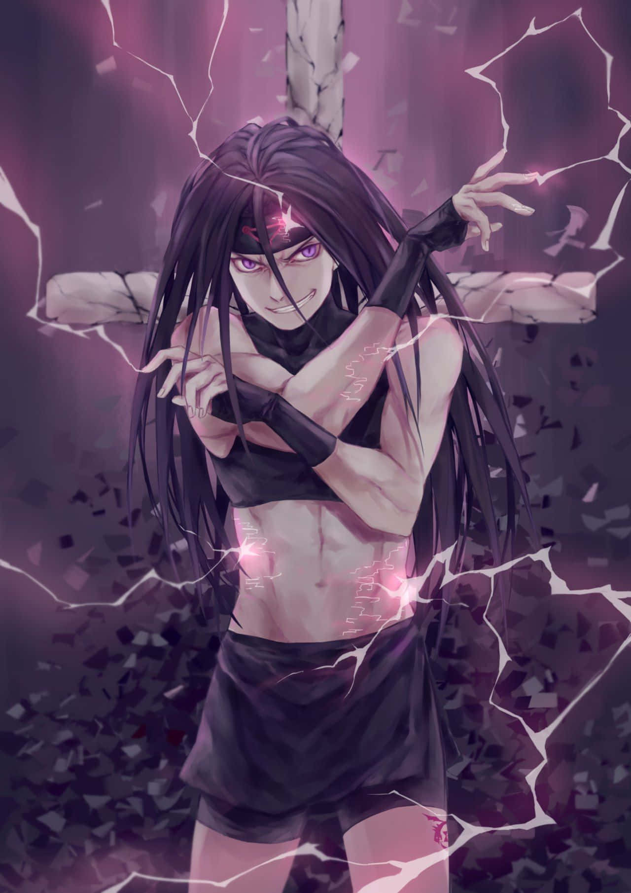 Fullmetal Alchemist Envy 桌布 壁紙 — 一位擁有黑色長髮和紫色眼睛的動漫女孩，在破碎的石頭背景中裂縫蔓延時，引導著發光的粉紅色能量。