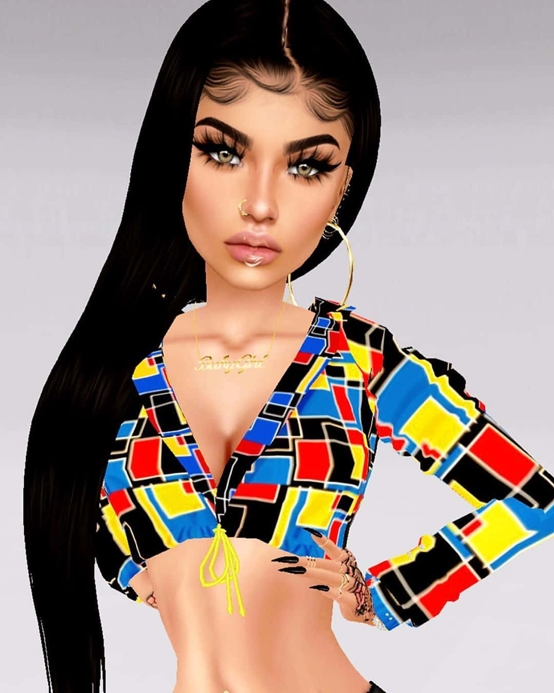 imvu 桌布 壁紙 — 一位數碼渲染的女性，擁有長長的黑髮和鮮明的妝容，穿著充滿活力的幾何圖案短版上衣，背景是純灰色。