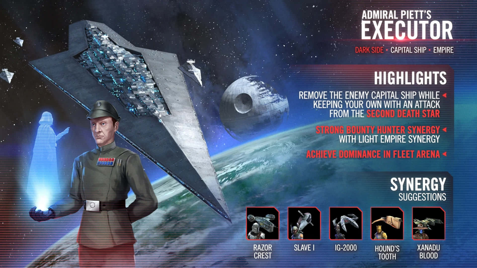 Admiral Piett 桌布 壁紙 — 一位星戰海軍上將站在巨大的執行者級星際驅逐艦前，死星在背景中若隱若現。