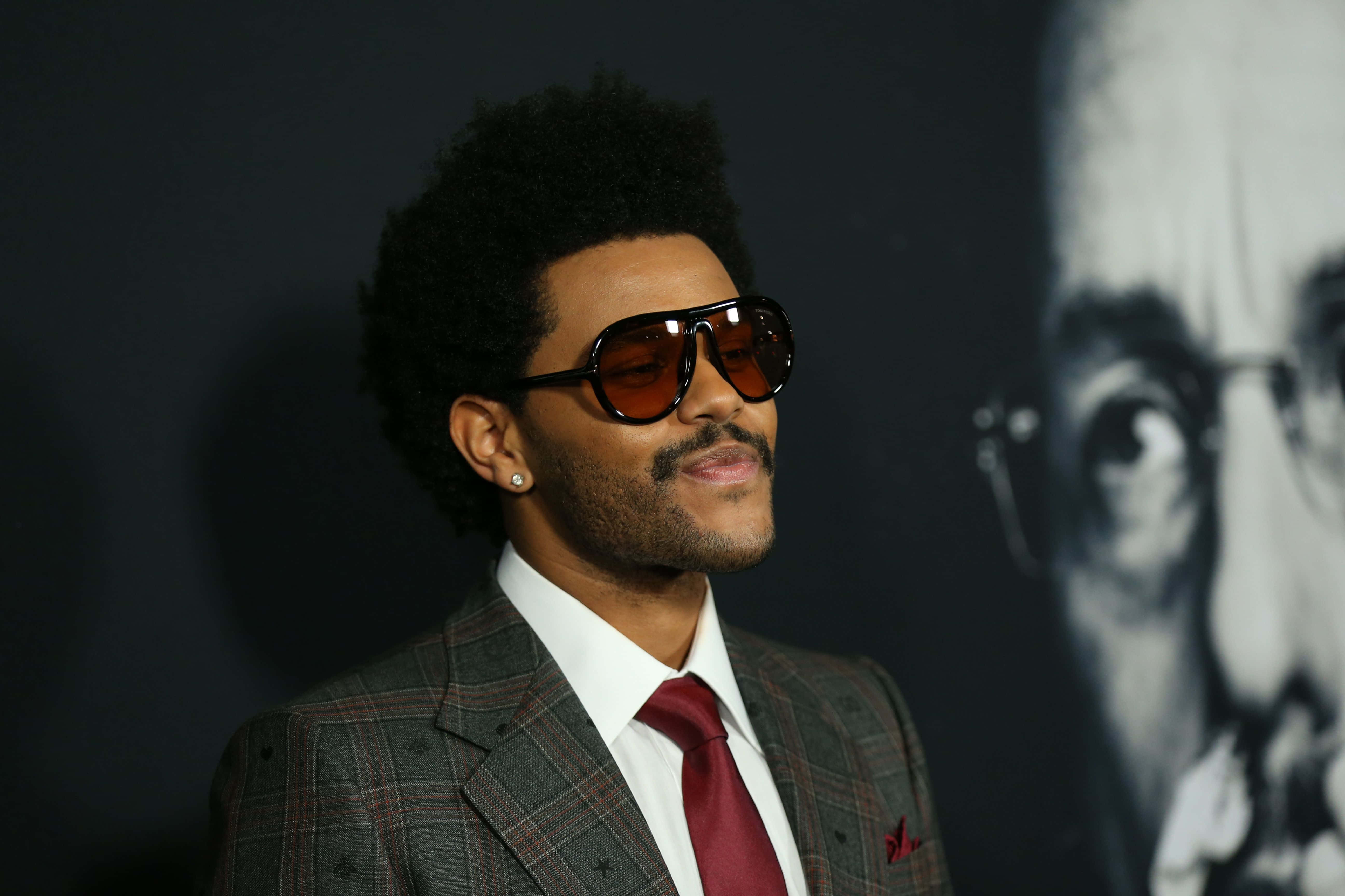 The Weeknd After Hours 桌布 壁紙 — 一位時尚男士留著非洲式髮型，戴著超大太陽眼鏡，穿著格紋西裝，在帶有褪色肖像的黑暗背景下自信地擺姿勢。
