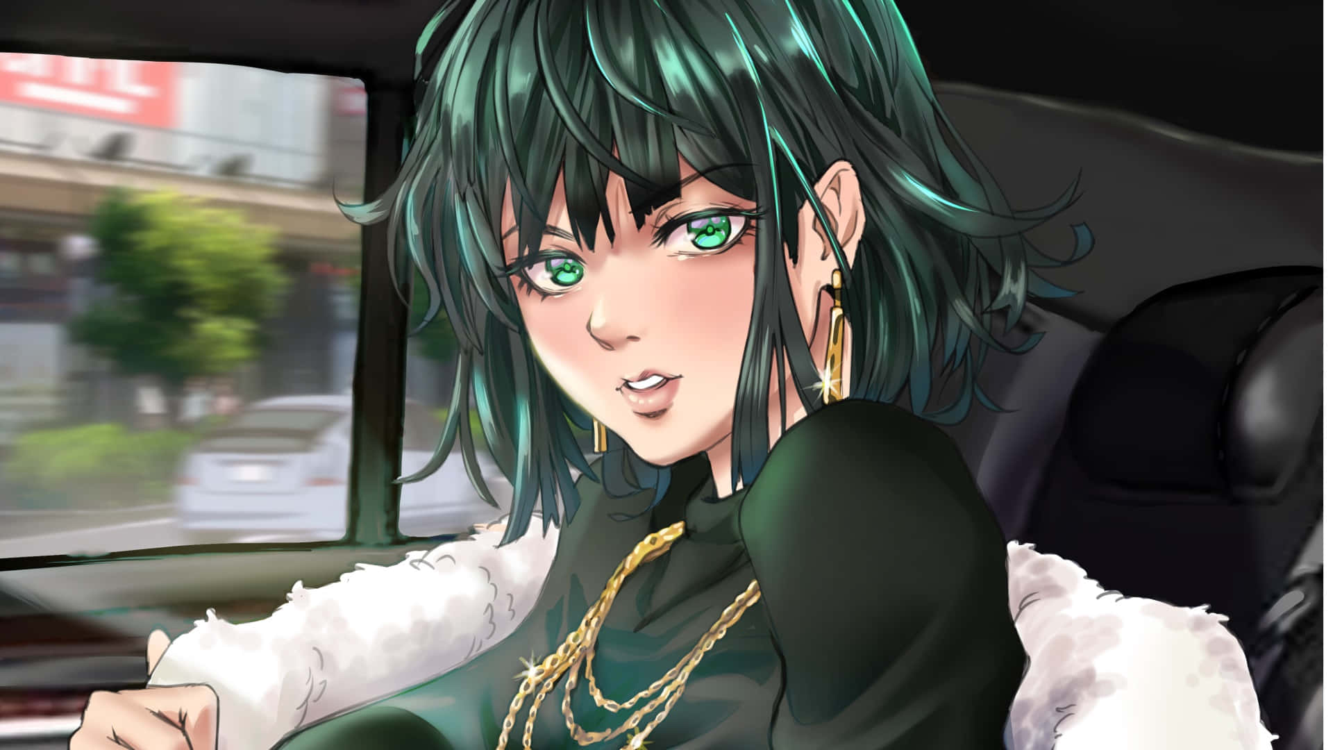 Hellish Blizzard 桌布 壁紙 — 一位時尚的動漫女孩，擁有青綠色頭髮和綠色眼睛，坐在車裡，自信地望著窗外。