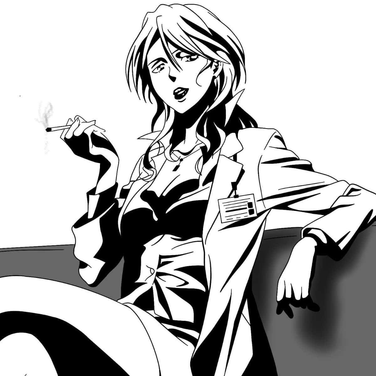 Shion Karanomori 桌布 壁紙 — 一位時尚的動漫女性穿著實驗室外套，在鮮明的單色背景下抽煙，帶著自信的冷笑。