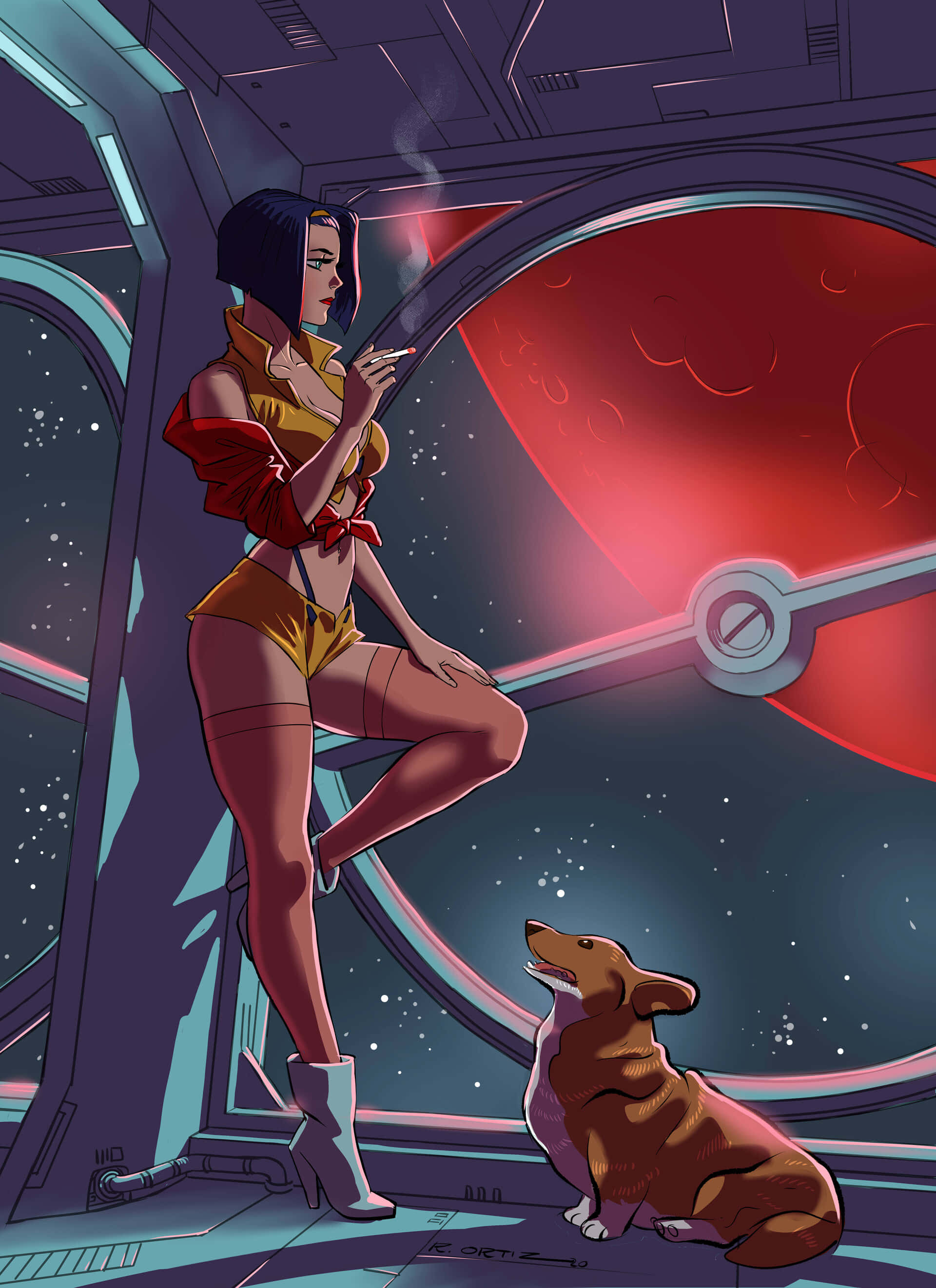 Faye Valentine 桌布 壁紙 — 一位時尚的動漫女性穿著黃色服裝吸煙，而一隻哥基犬在太空船內抬頭看著她，外面有一顆紅色行星。