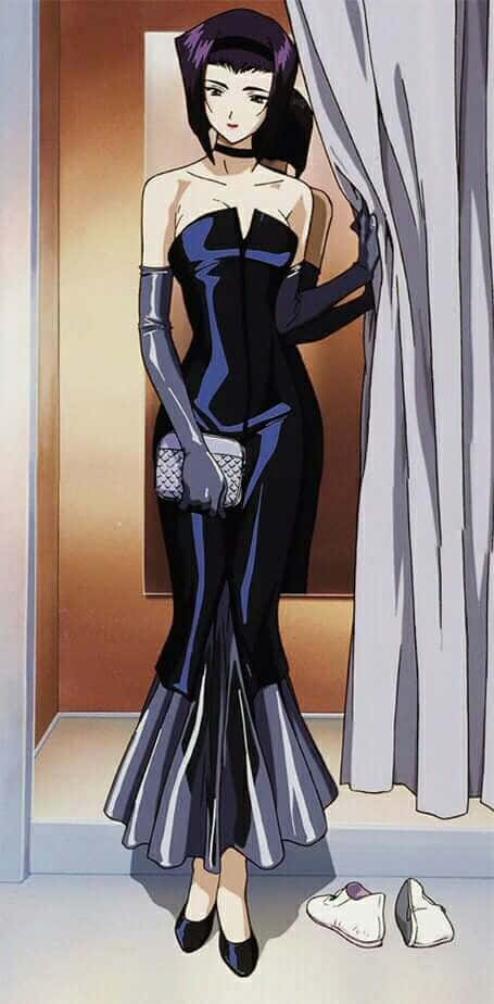 Faye Valentine 桌布 壁紙 — 一位時尚的動漫女性穿著黑色和藍色的連衣裙，站在窗簾旁，手持手拿包，地板上放著白色運動鞋。