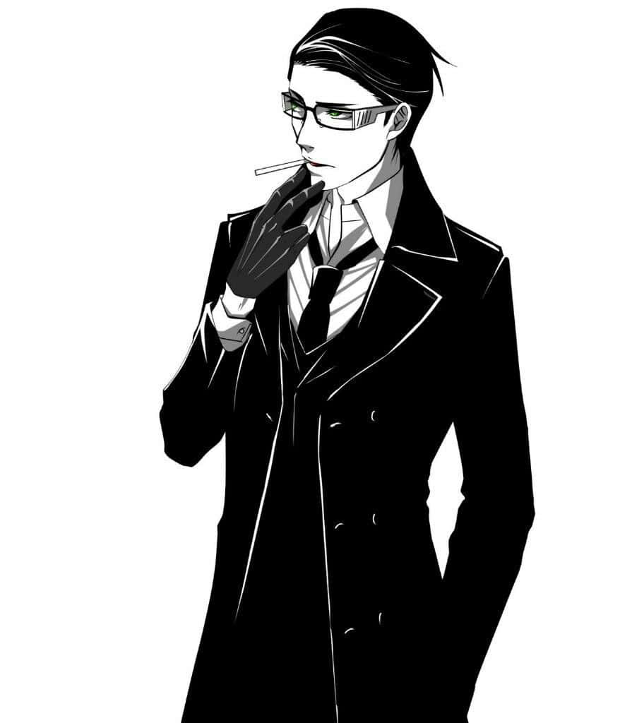 William T. Spears 桌布 壁紙 — 一位時尚的動漫男子，身穿黑色外套和眼鏡，戴著手套的手拿著香煙，背景是純白色。