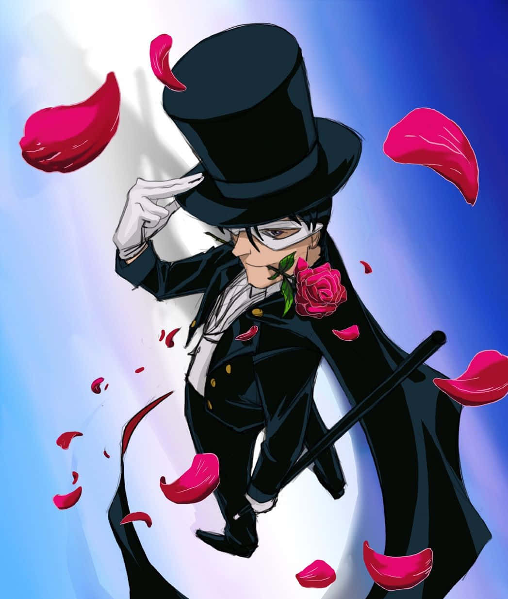 tuxedo mask 桌布 壁紙 — 一位時尚的動畫紳士，身穿黑色高頂帽和大衣，手持玫瑰，深紅色的花瓣在他周圍旋轉，背景為藍色漸變。