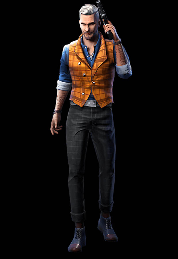 free fire 4K 桌布 壁紙 — 一位時尚的灰髮紋身男子在黑色背景上將手槍舉過肩膀。
