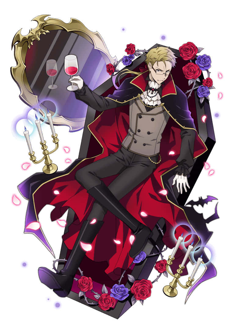 Kunikida 桌布 壁紙 — 一位時尚的金髮動漫吸血鬼，端坐在飾有紅紫玫瑰的王座上，手持一杯紅酒。