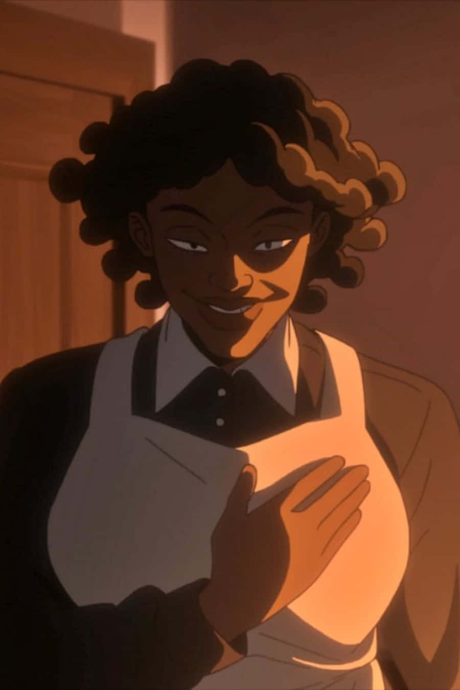 The Promised Neverland Krone 桌布 壁紙 — 一位暖色調的動漫女性，捲髮，溫柔地微笑，抱著一個用白布包裹的嬰兒。