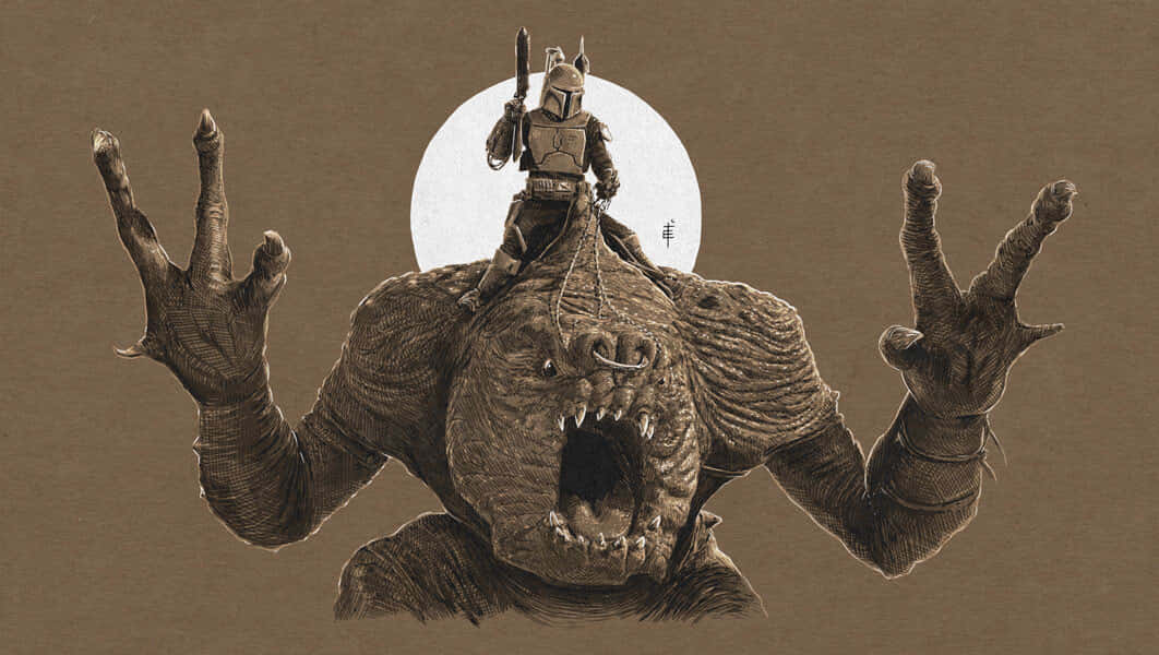 Rancor 桌布 壁紙 — 一位曼達洛戰士騎著一隻咆哮的怪獸，背景是鮮明的白色月亮，以棕褐色調呈現。