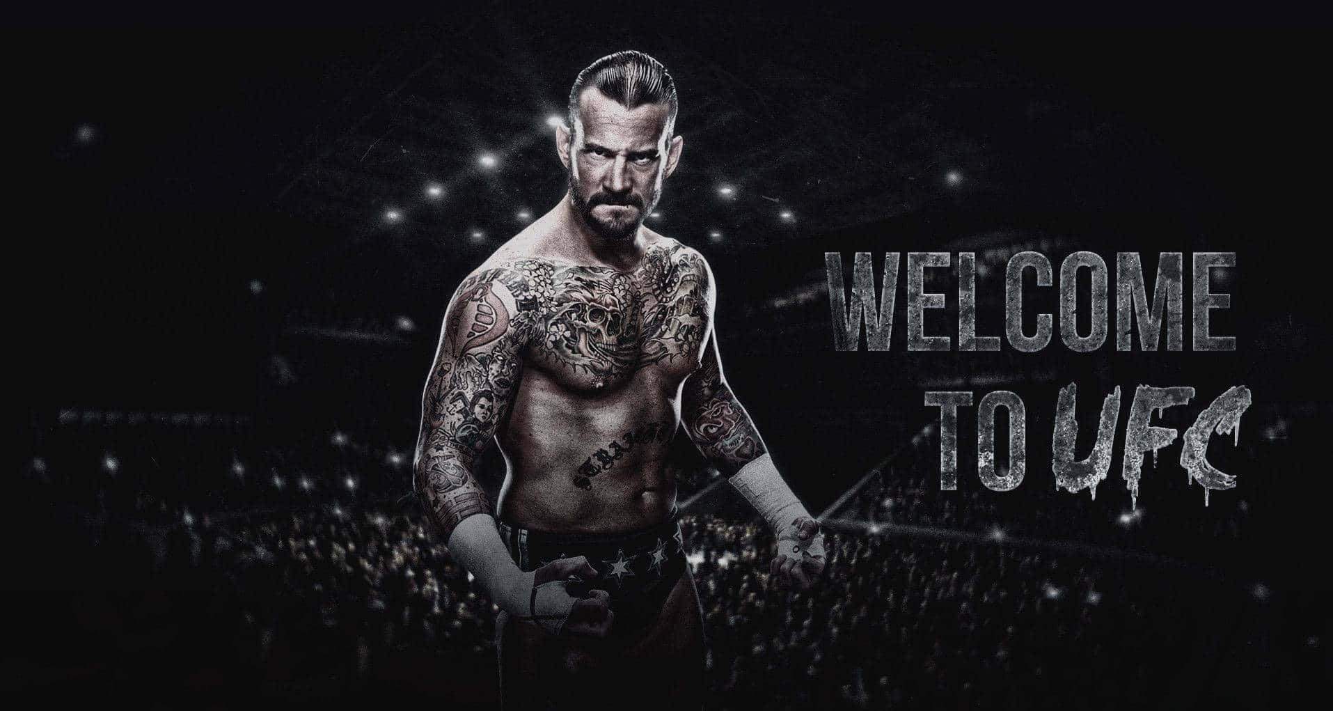 UFC 桌布 壁紙 — 一位有紋身的UFC拳手站在黑暗的競技場中，'WELCOME TO UFC' 文字在體育場燈光下在他旁邊發光。