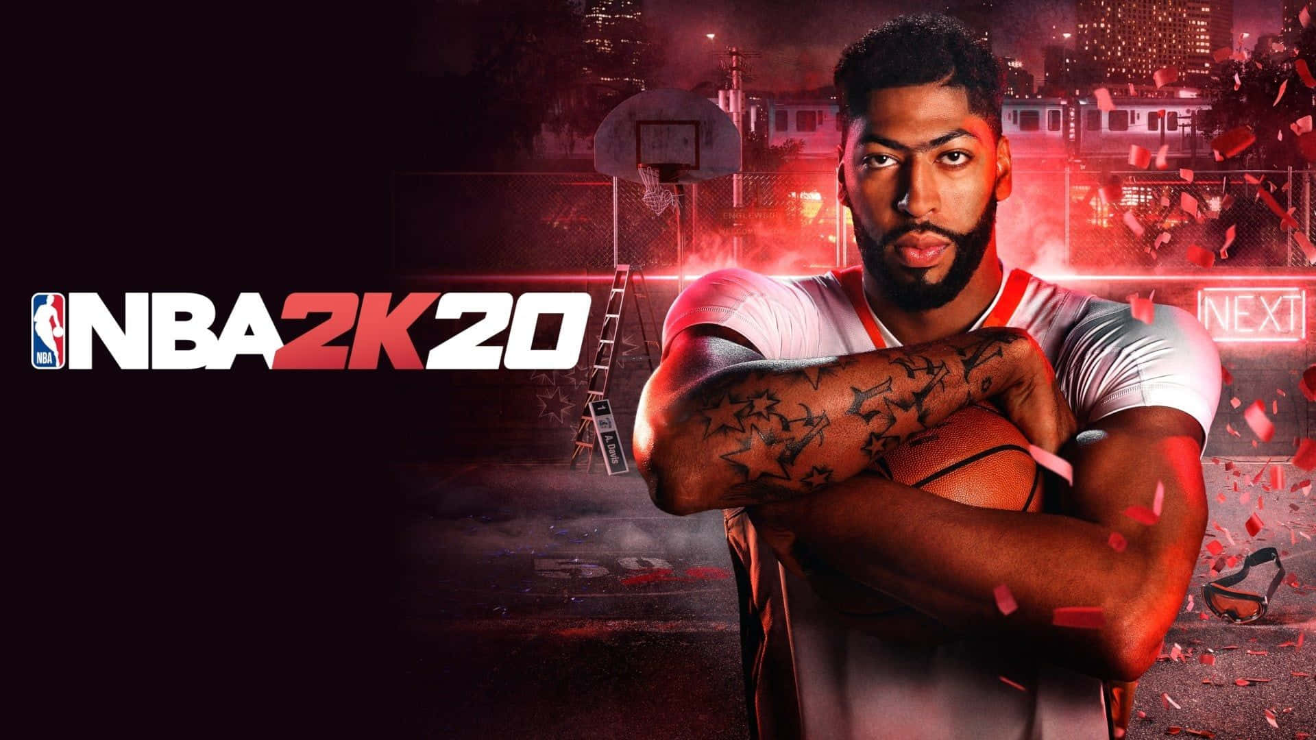 NBA 2k20 桌布 壁紙 — 一位有紋身的籃球運動員在紅色霓虹燈下，於發光的籃框前拿著一個球。