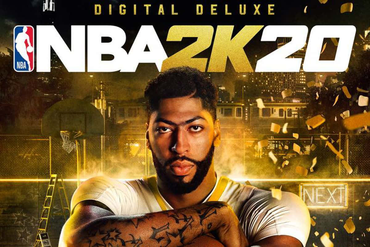 NBA 2k20 桌布 壁紙 — 一位有紋身的籃球運動員在金色城市背景下拿著籃球，周圍有五彩紙屑和籃框。