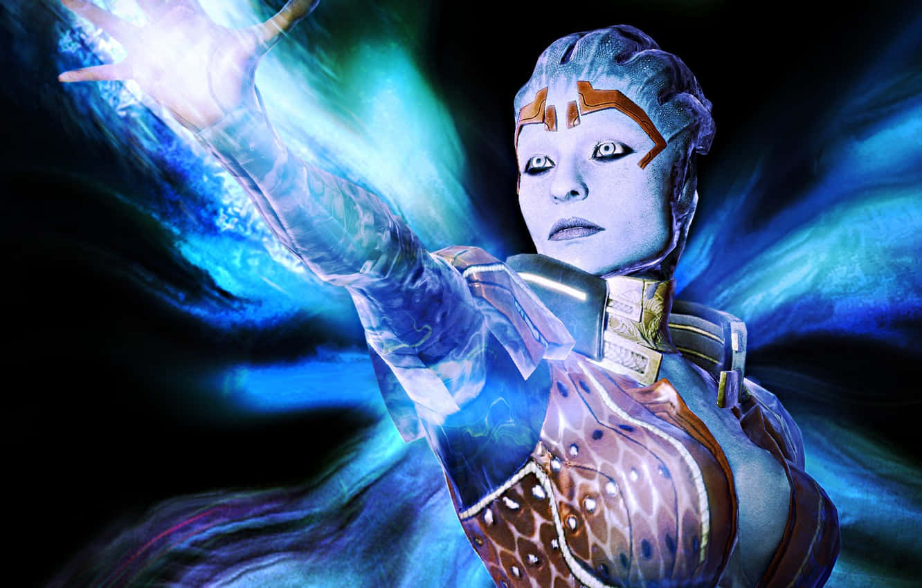 Mass Effect Samara 桌布 壁紙 — 一位未來外星戰士在宇宙黑暗背景下，從伸出的手中引導出發光的藍色能量。