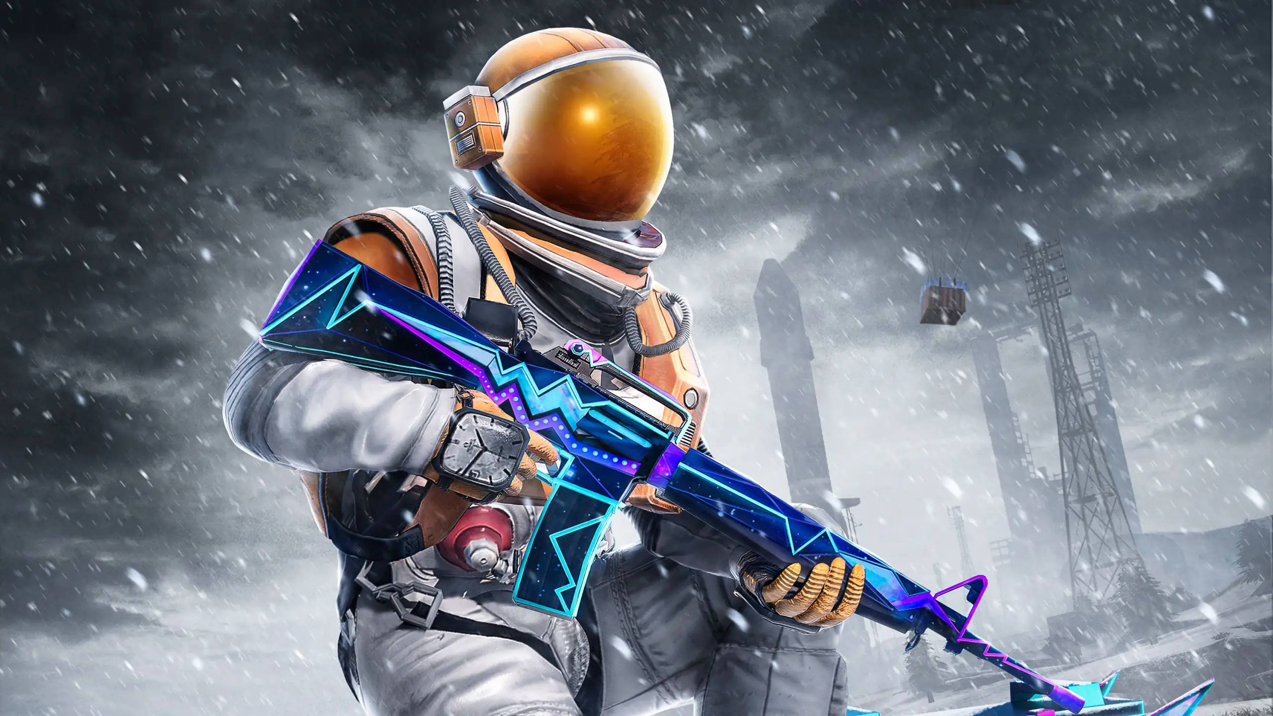 Playerunknown's Battlegrounds 桌布 壁紙 — 一位未來太空人身穿發光橙色頭盔，在雪地工業外星景觀中揮舞著霓虹藍和紫色武器。