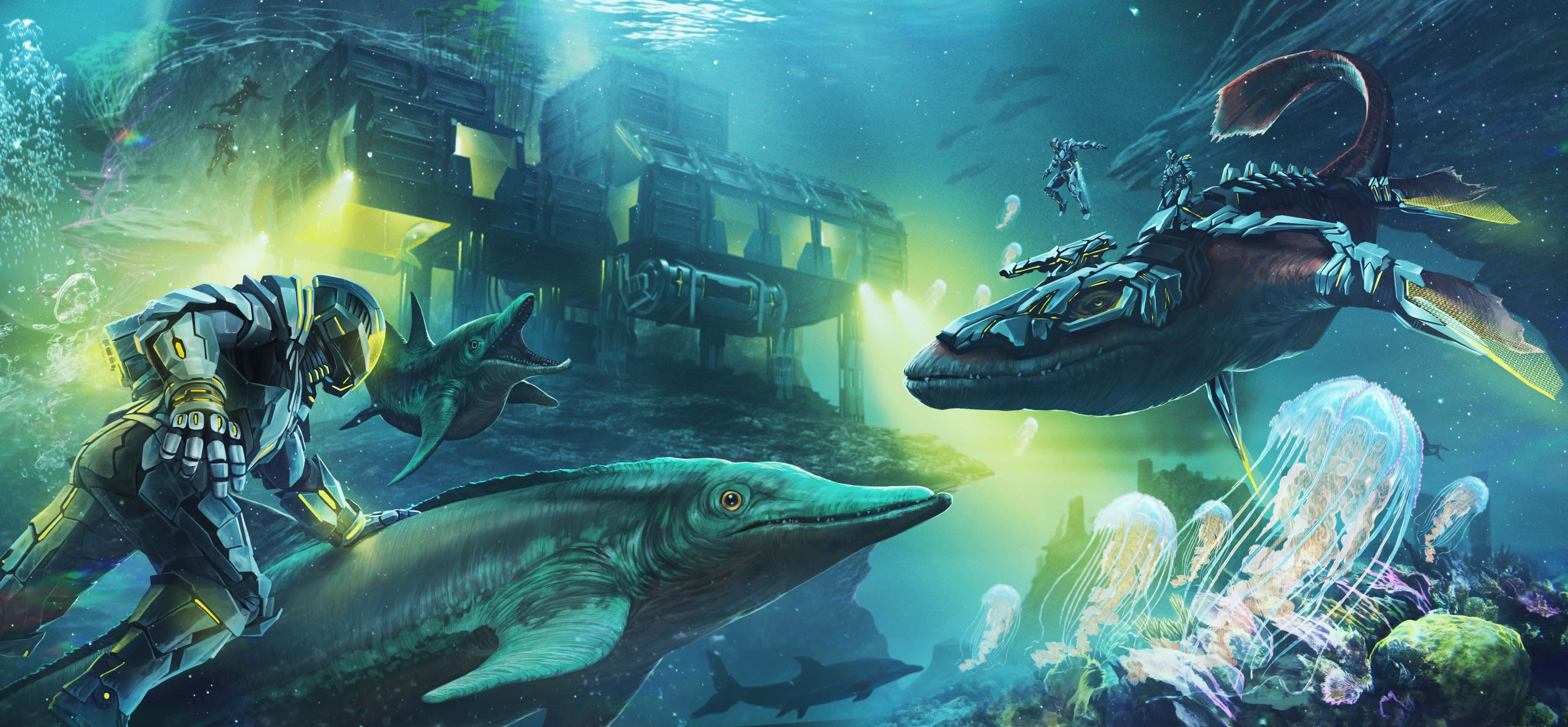 Survival Games 桌布 壁紙 — 一位未來風格的潛水員探索水下遺跡，附近有發光水母和一隻機械鯨魚般的生物。