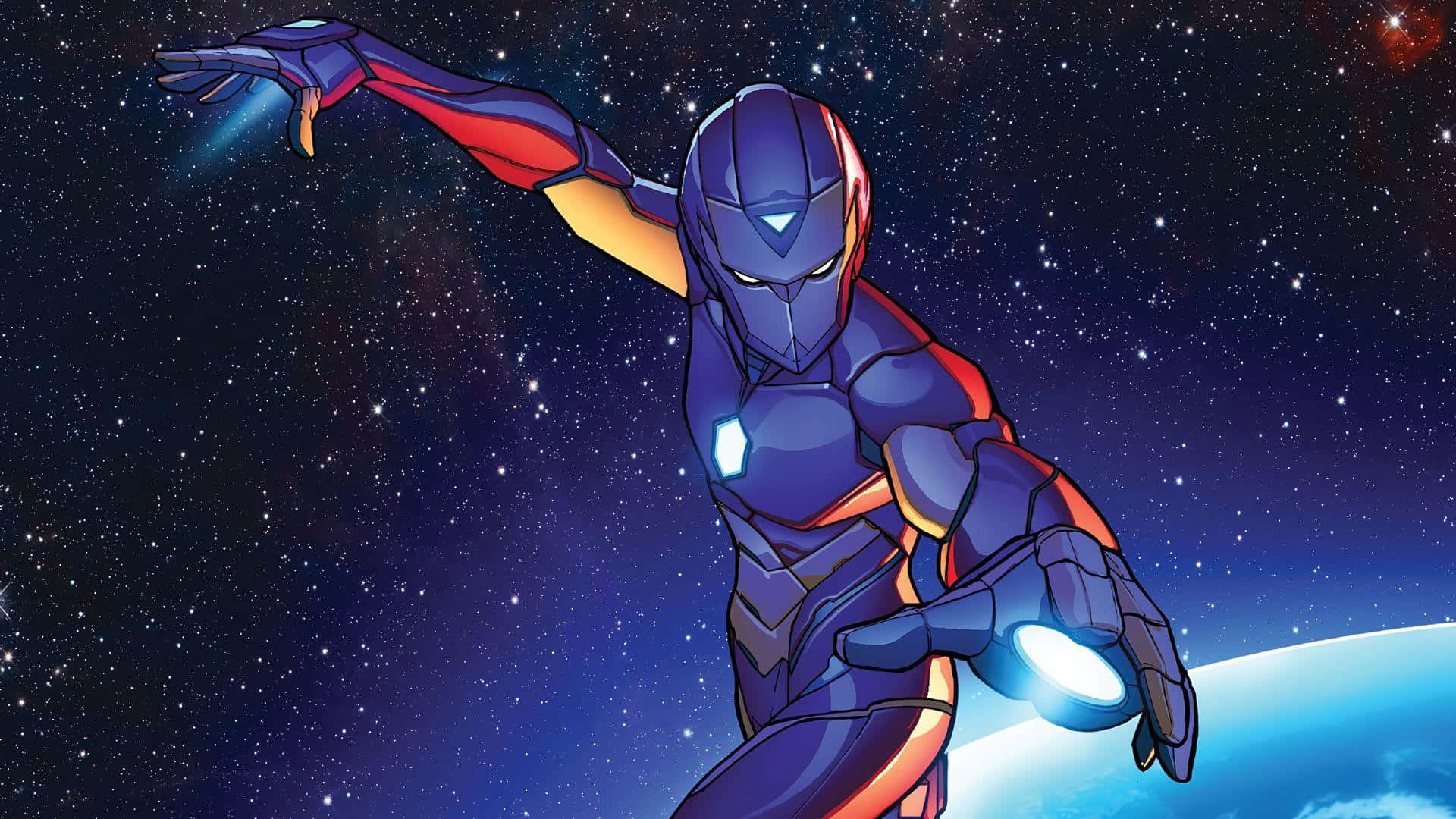 Ironheart 桌布 壁紙 — 一位未來風格的裝甲英雄在星光燦爛的宇宙中翱翔，發光的雙手映襯著行星彎曲的地平線。