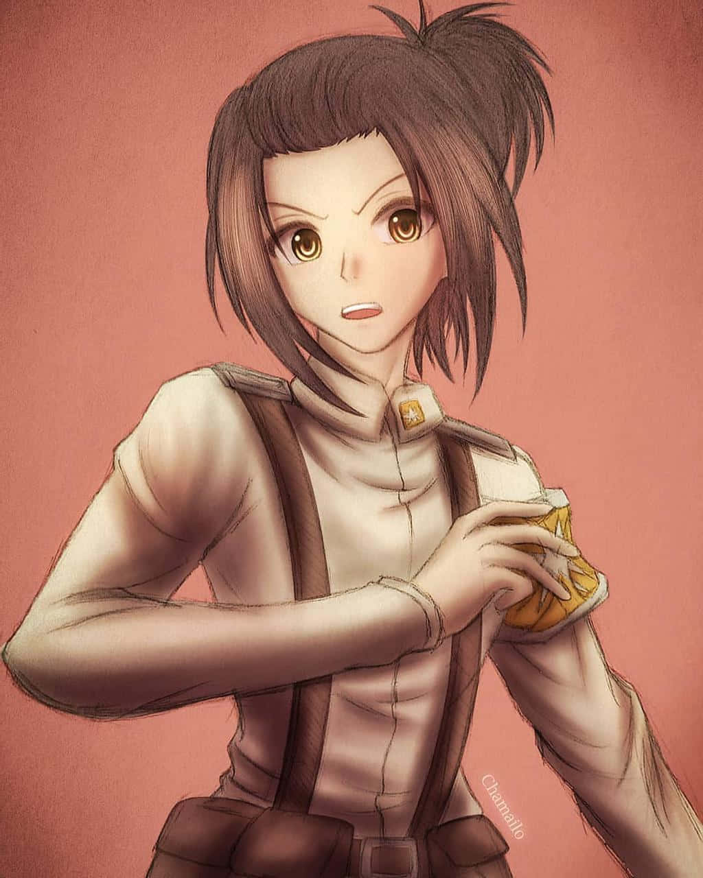 Gabi Braun 桌布 壁紙 — 一位棕色頭髮、眼神堅定的動漫女孩，在純粉色背景前拿著一個包裝好的零食。