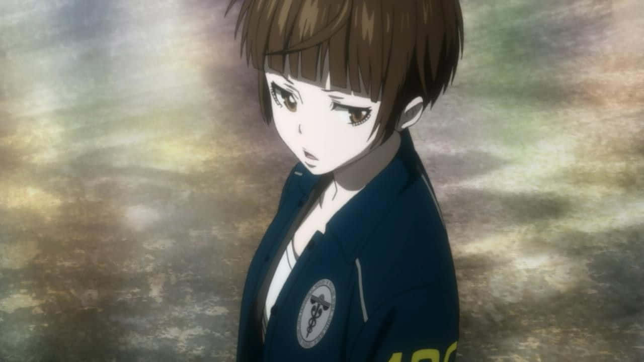 Akane Tsunemori 桌布 壁紙 — 一位棕色頭髮、穿著校服的年輕動漫女孩，站在柔和模糊的暖色大地色調背景前。