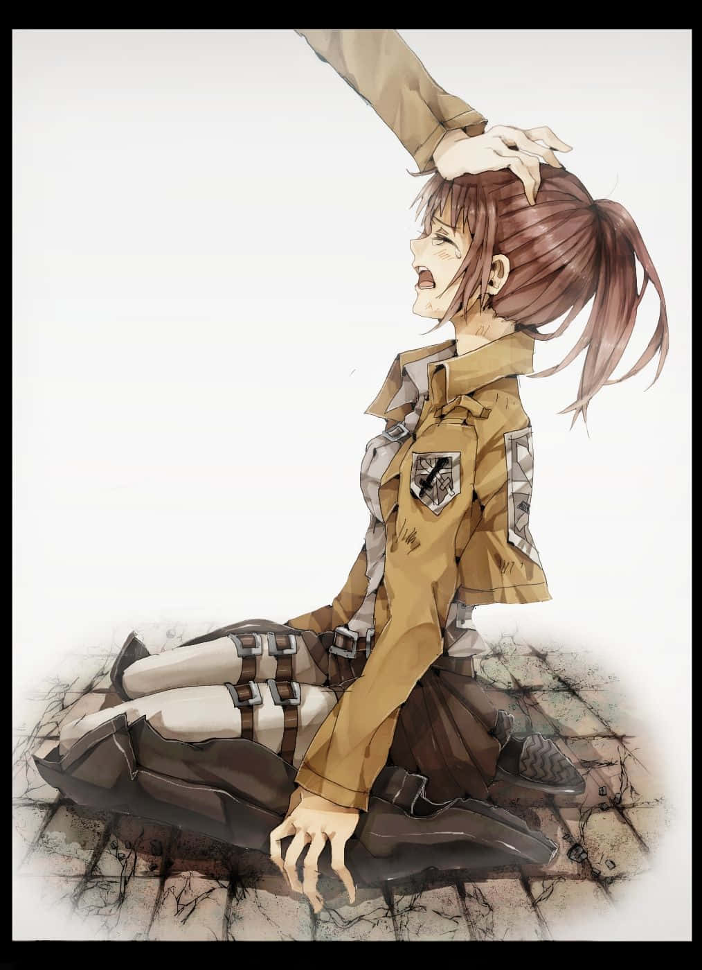Sasha Blouse 桌布 壁紙 — 一位棕色頭髮的動漫女孩穿著棕褐色制服跪在裂開的地面上，一隻手輕輕放在她的頭上，背景是純白色。