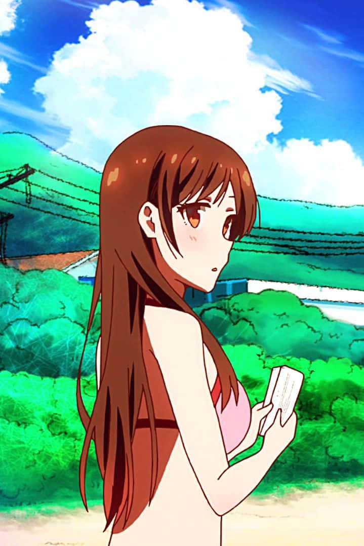 Chizuru Maihara 桌布 壁紙 — 一位棕色頭髮的動漫女孩穿著比基尼，在戶外明亮的藍天白雲下拿著手機。
