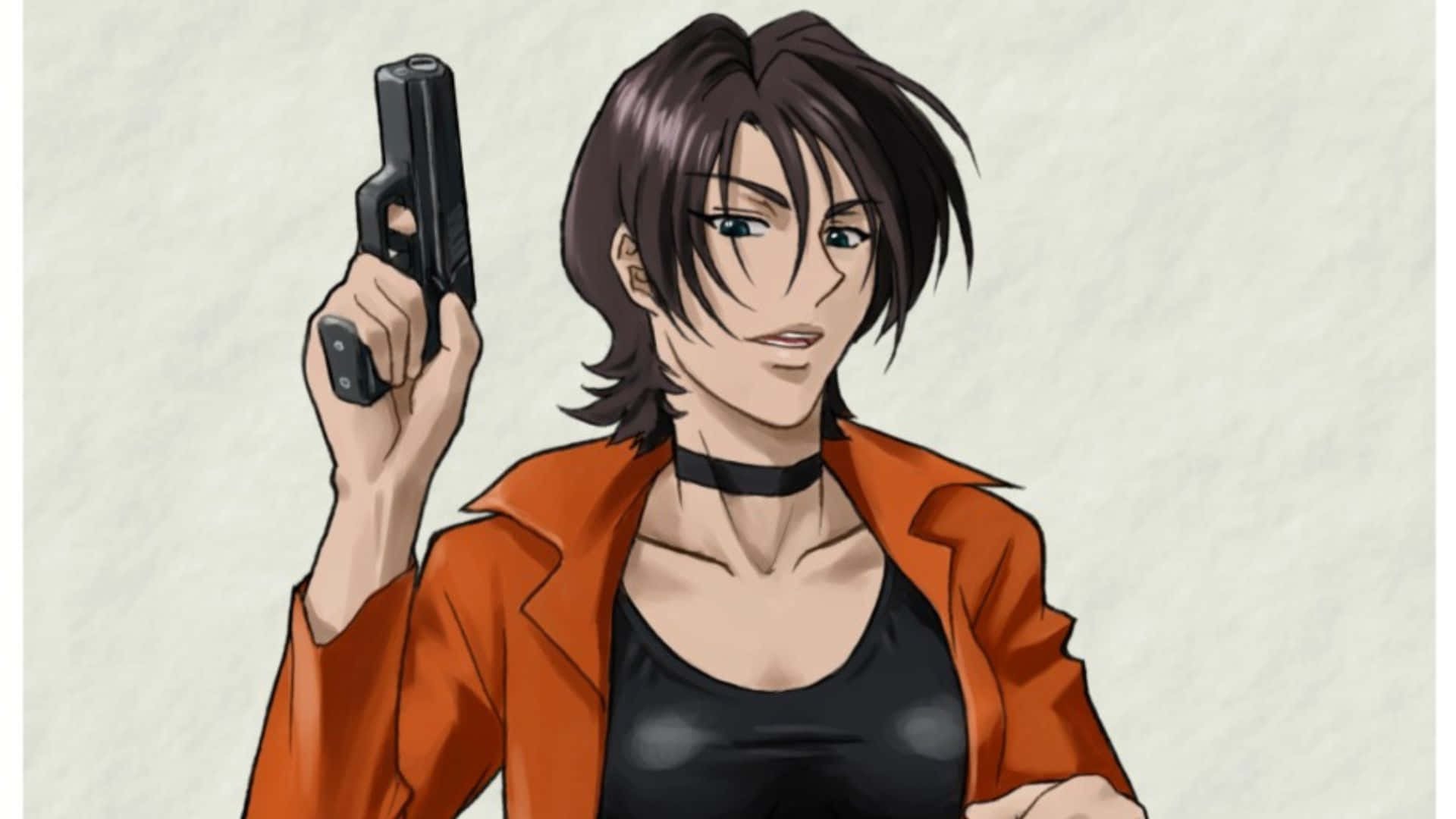 Cowboy Bebop Electra 桌布 壁紙 — 一位棕色頭髮的動漫女性，身穿橙色外套和黑色上衣，在純米色背景前手持黑色手槍。