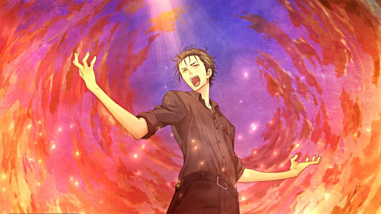 Steins Gate 桌布 壁紙 — 一位棕色頭髮的年輕動漫男子，雙臂伸展，站在一個由火紅和紫色組成的旋轉宇宙漩渦前，周圍有發光的粒子。