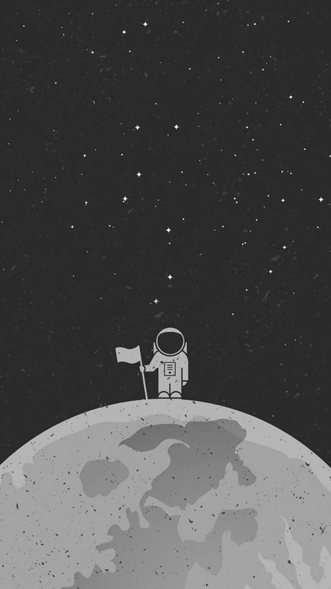 太空人 桌布 壁紙 — 一位極簡風格的太空人站在佈滿隕石坑的月球上，在星空下舉著旗幟。
